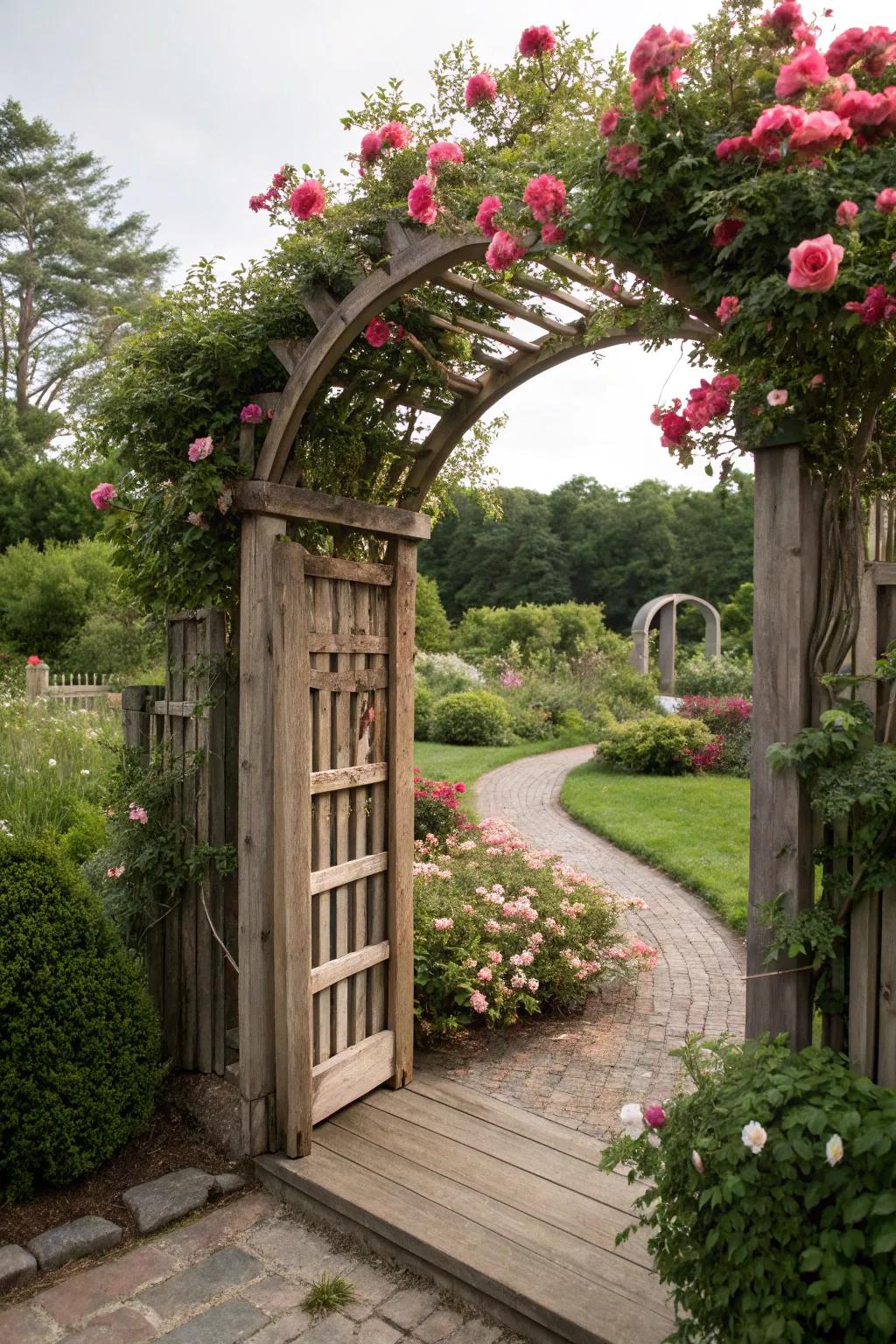 A curved arbor gateway embraced by vibrant, blossoming flowers.