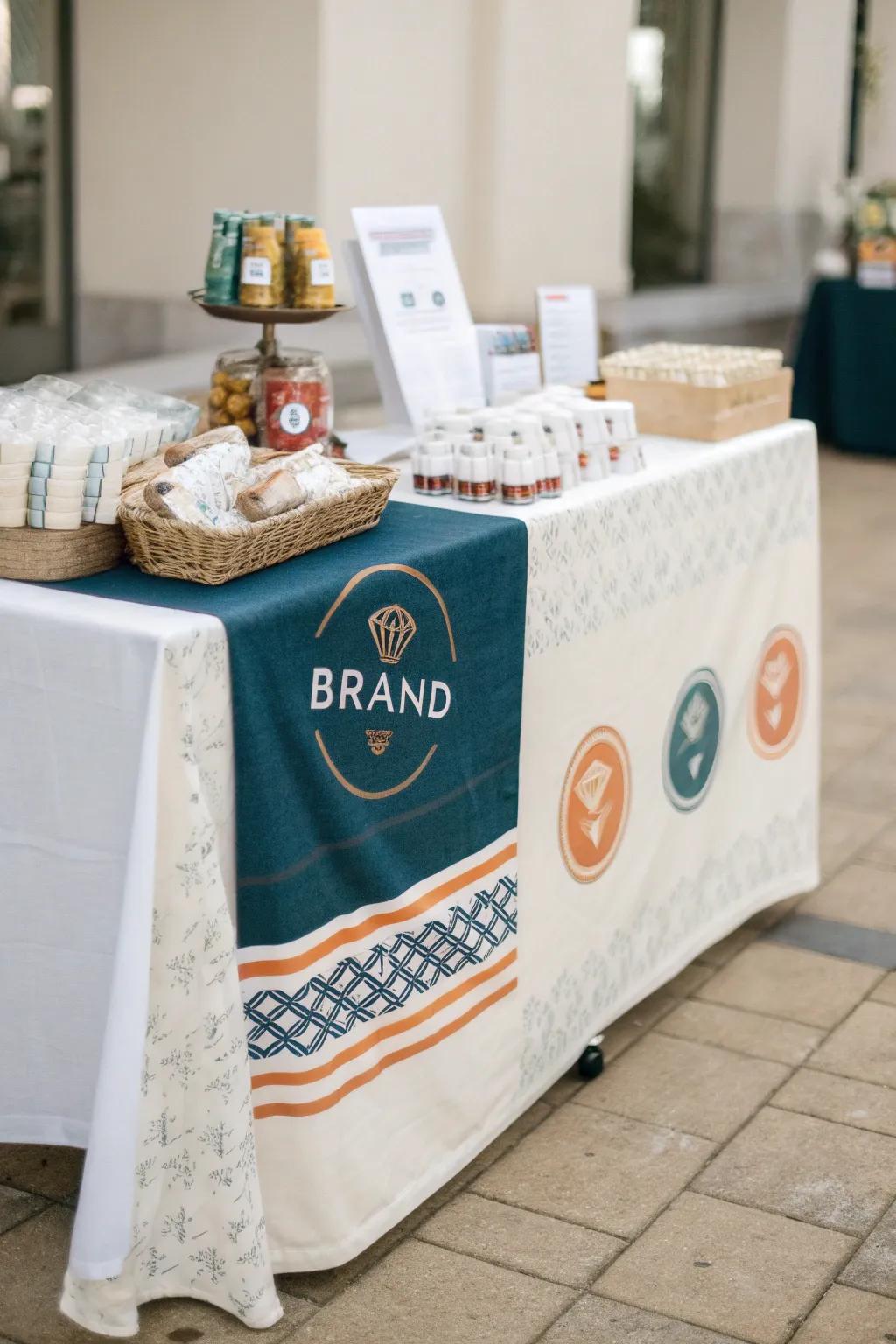 A themed tablecloth enhances brand identity and attracts attention.