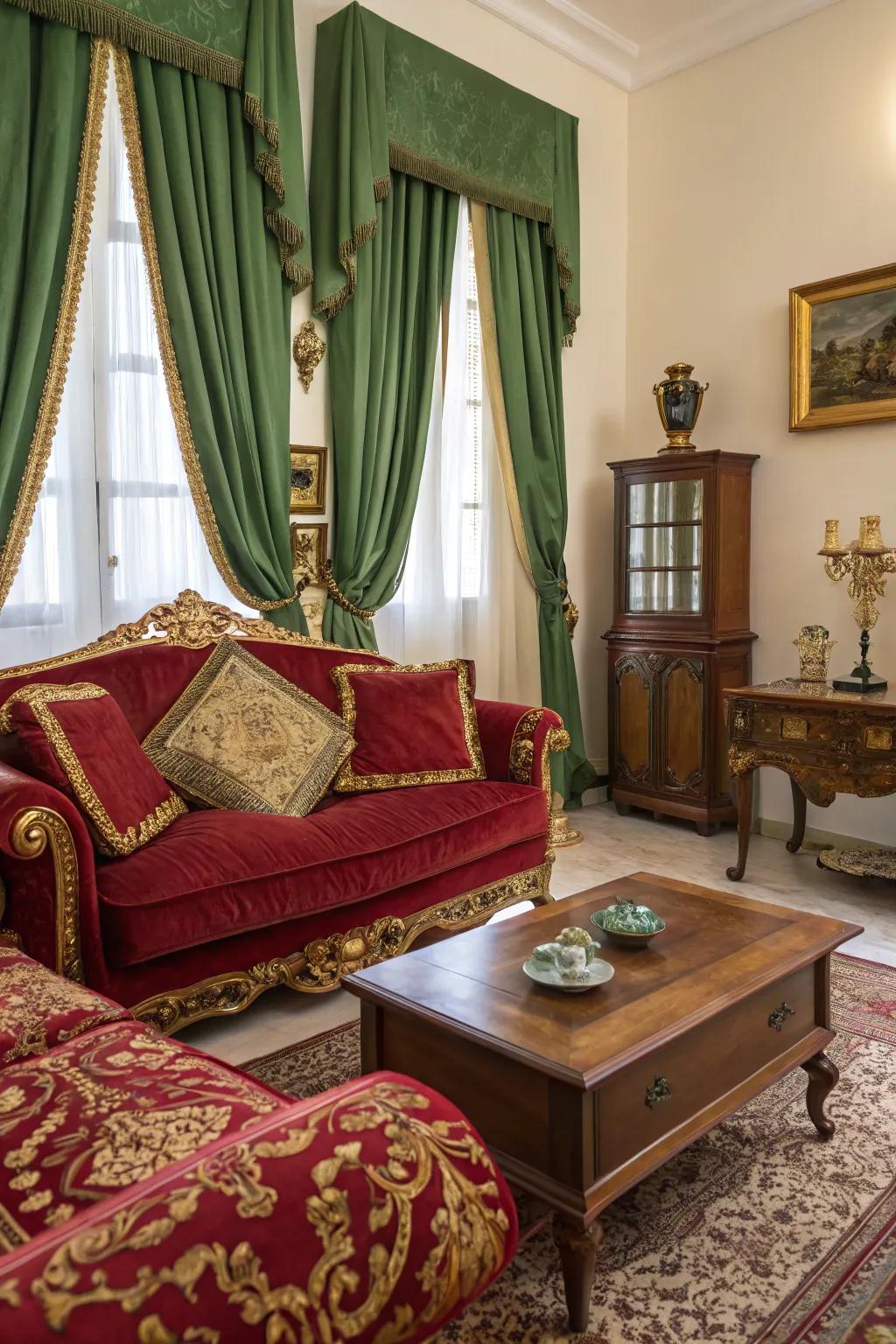 A Venetian-themed living room showcasing deep colors and textures.