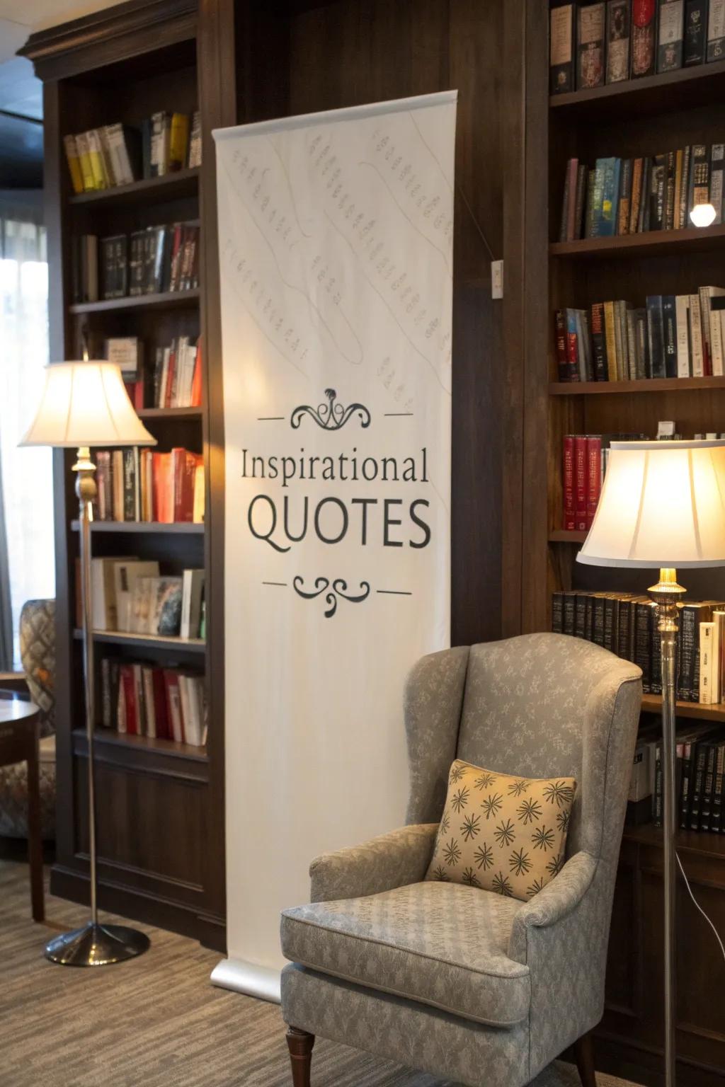 A banner of inspirational quotes spreads positivity in a comfortable reading nook.