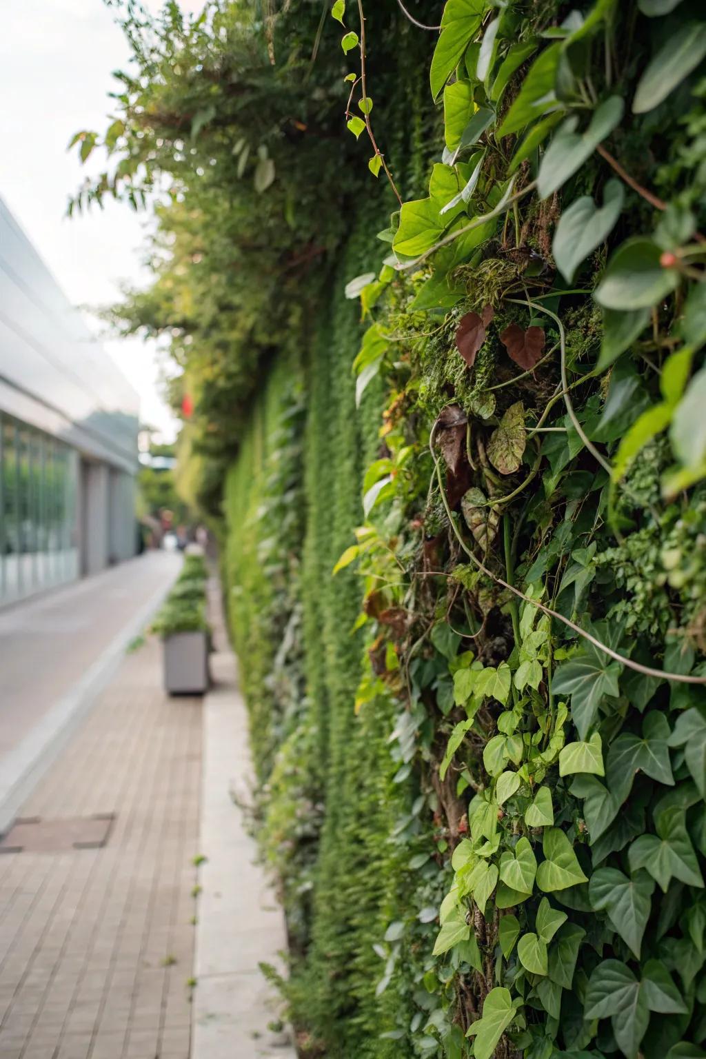 A thriving green wall changes a monotonous fence into a captivating work of living art.