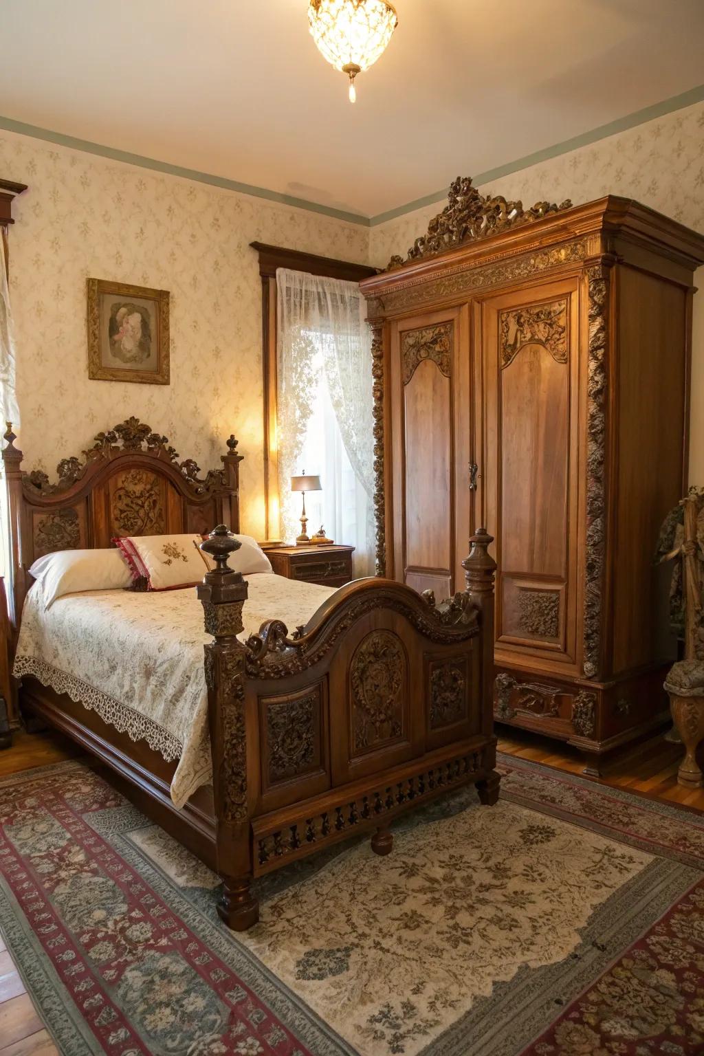 Elegant vintage furniture provides credibility to a Victorian sleeping quarters.