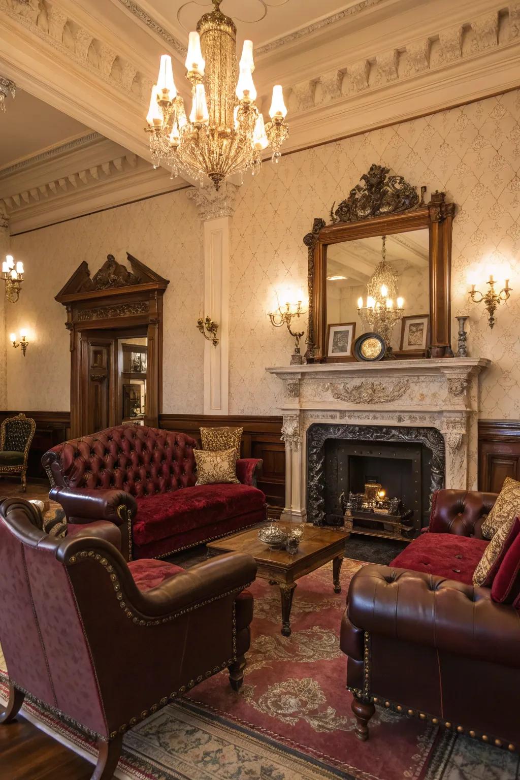 Plush velvet and leather textures make this Victorian living room a tactile delight.