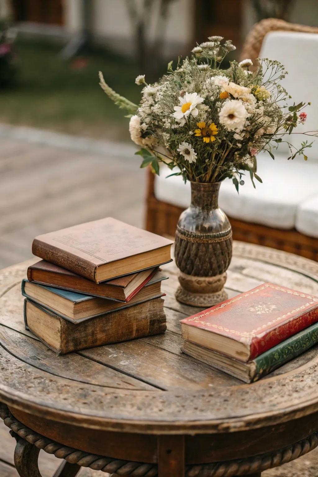A vintage wooden coffee table is adorned with books and a vase.