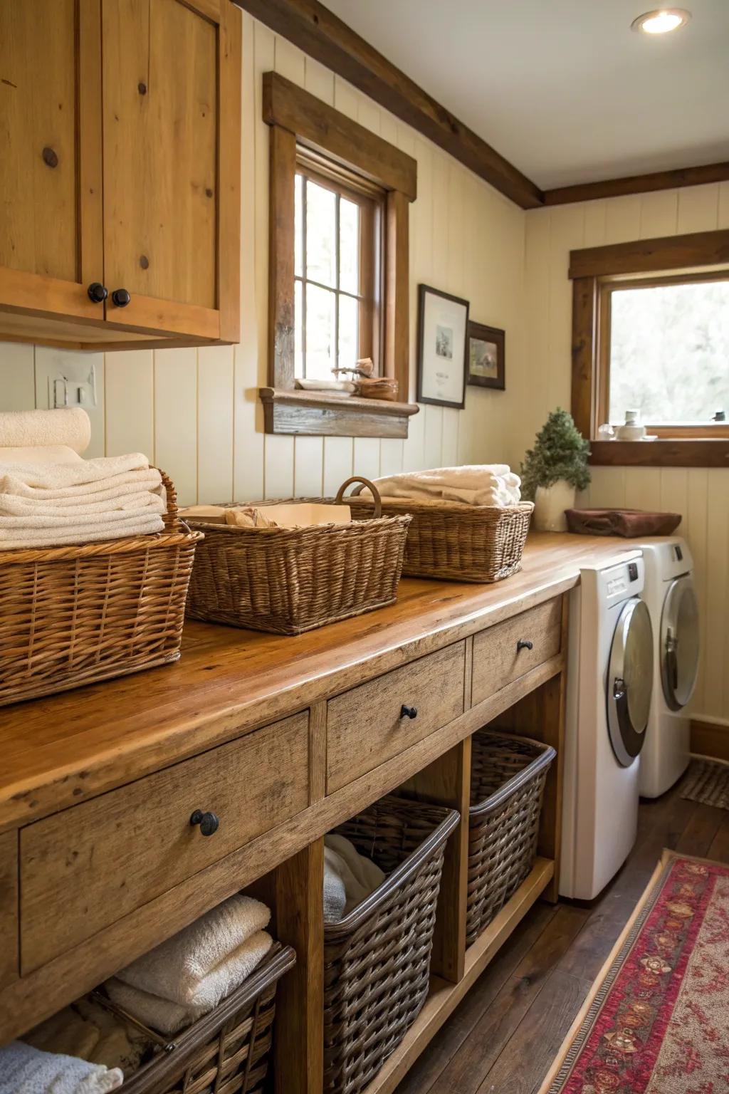 Charming timber worktops paired beautifully with vintage storage solutions.