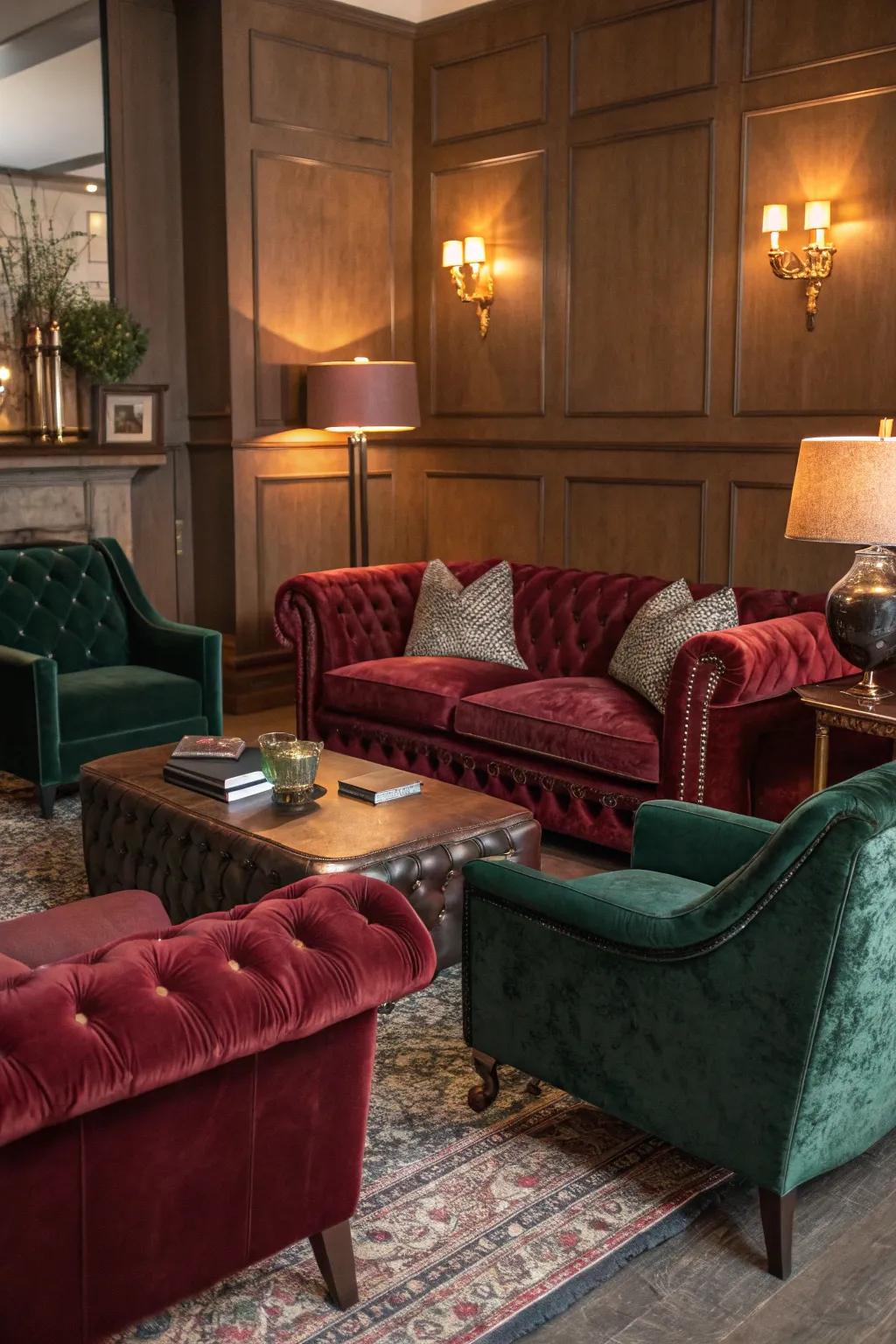 Luxurious textures such as velvety and genuine leather heighten the room's comfort and sophistication.