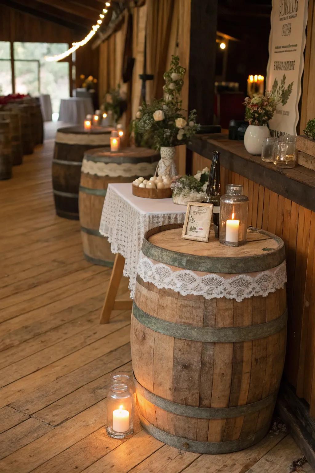 Country style is showcased at a vintage party using wooden barrels and delicate lace decorations.