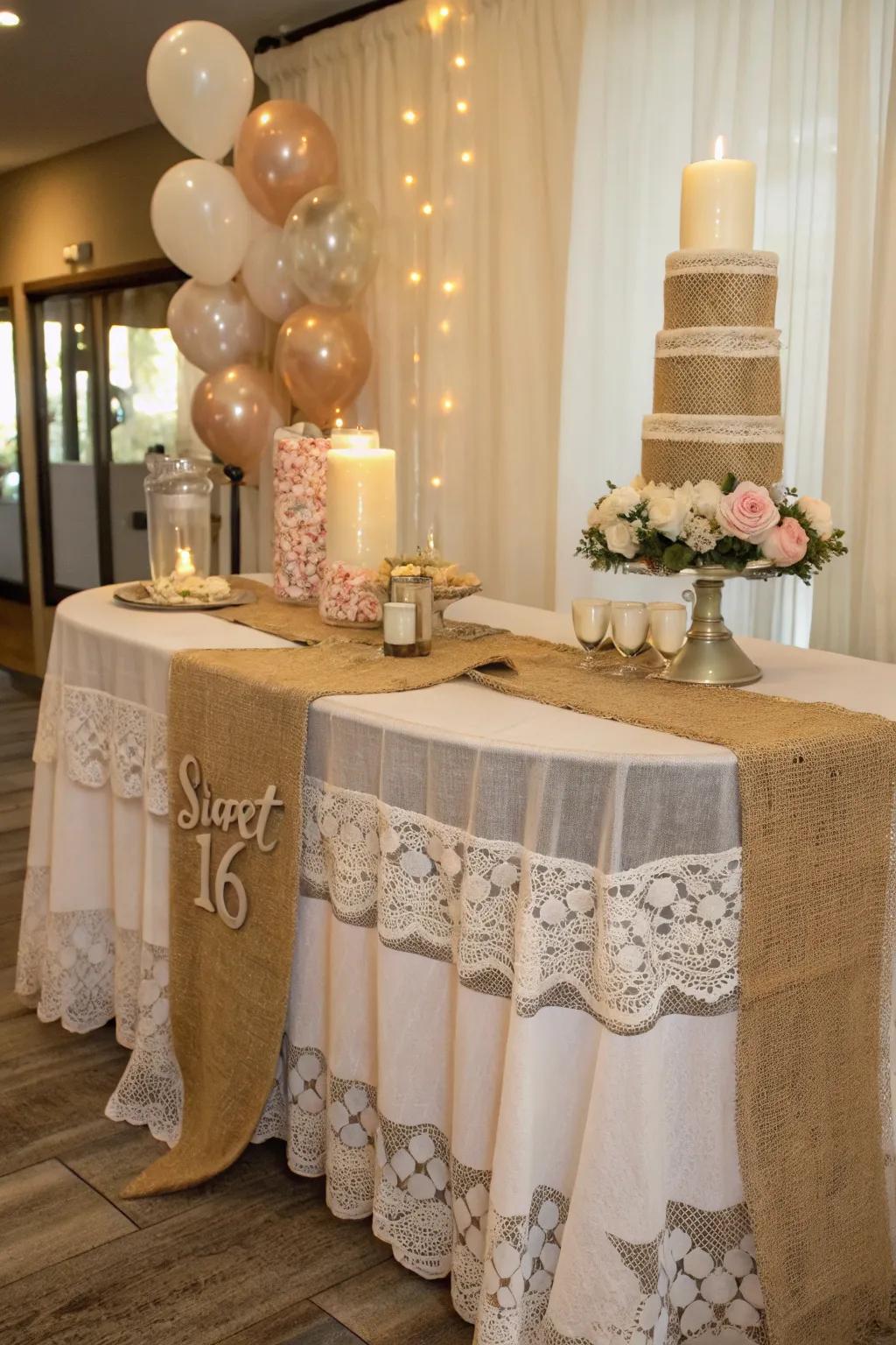 Refined delicate fabric and coarse fiber table accents at a vintage-inspired gathering.