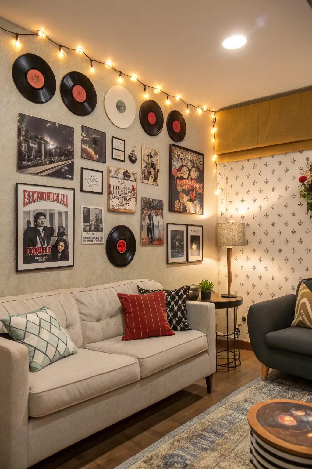 Blend records with personal keepsakes to craft a unique story on your wall.