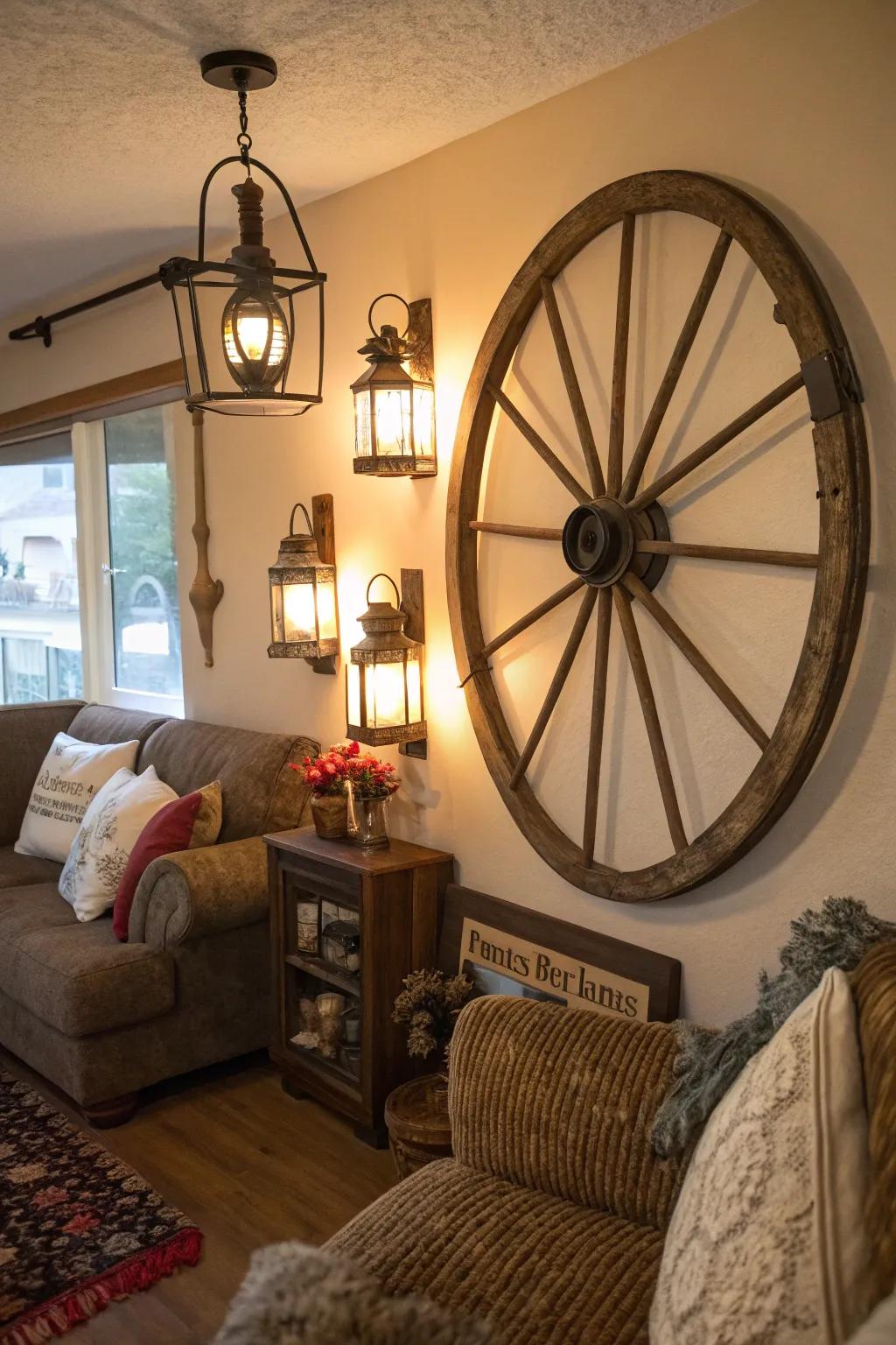 A carriage wheel used as wall art, highlighted by adjacent retro lamps.