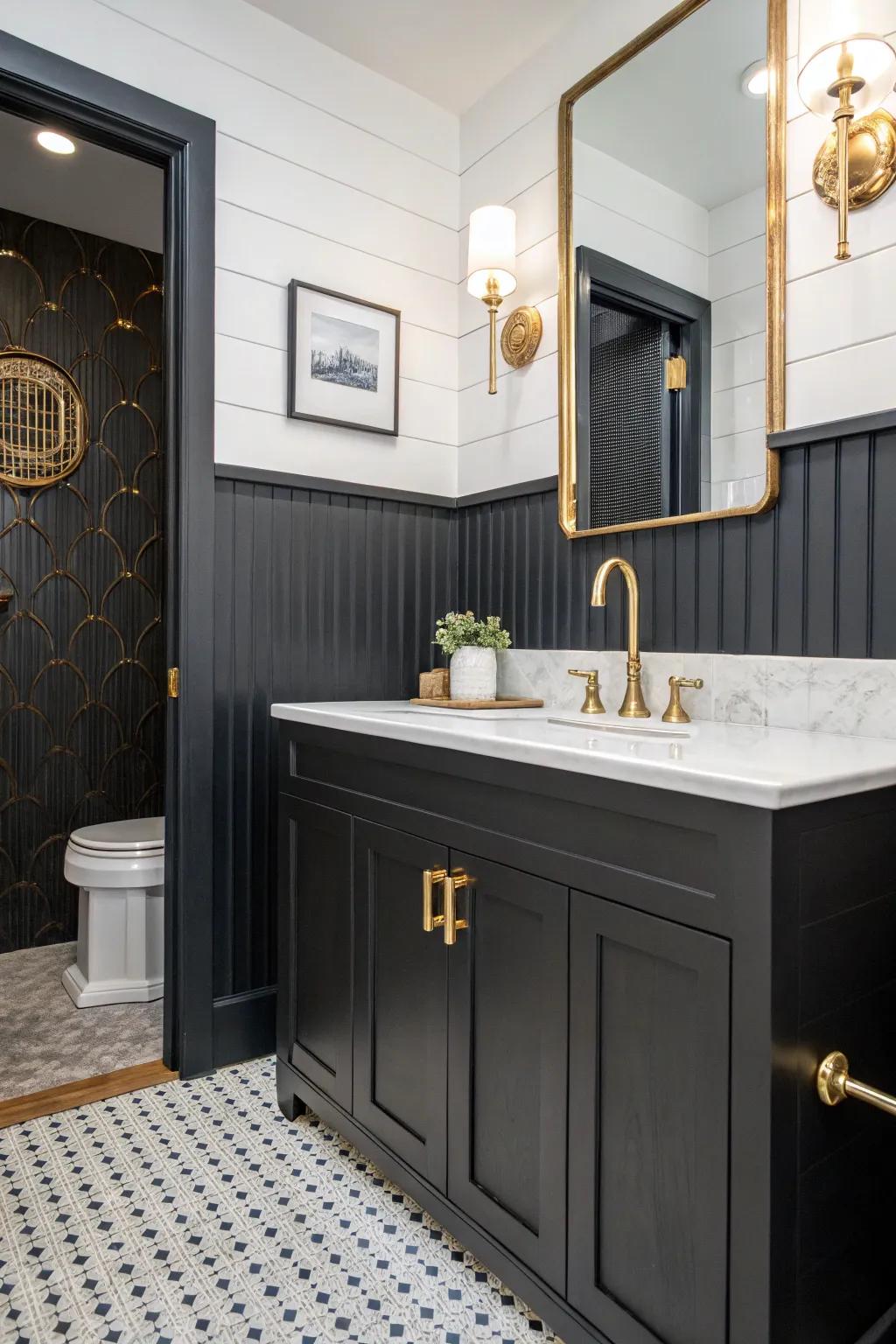 Plank panel wainscoting provides modern refinement to your washroom.