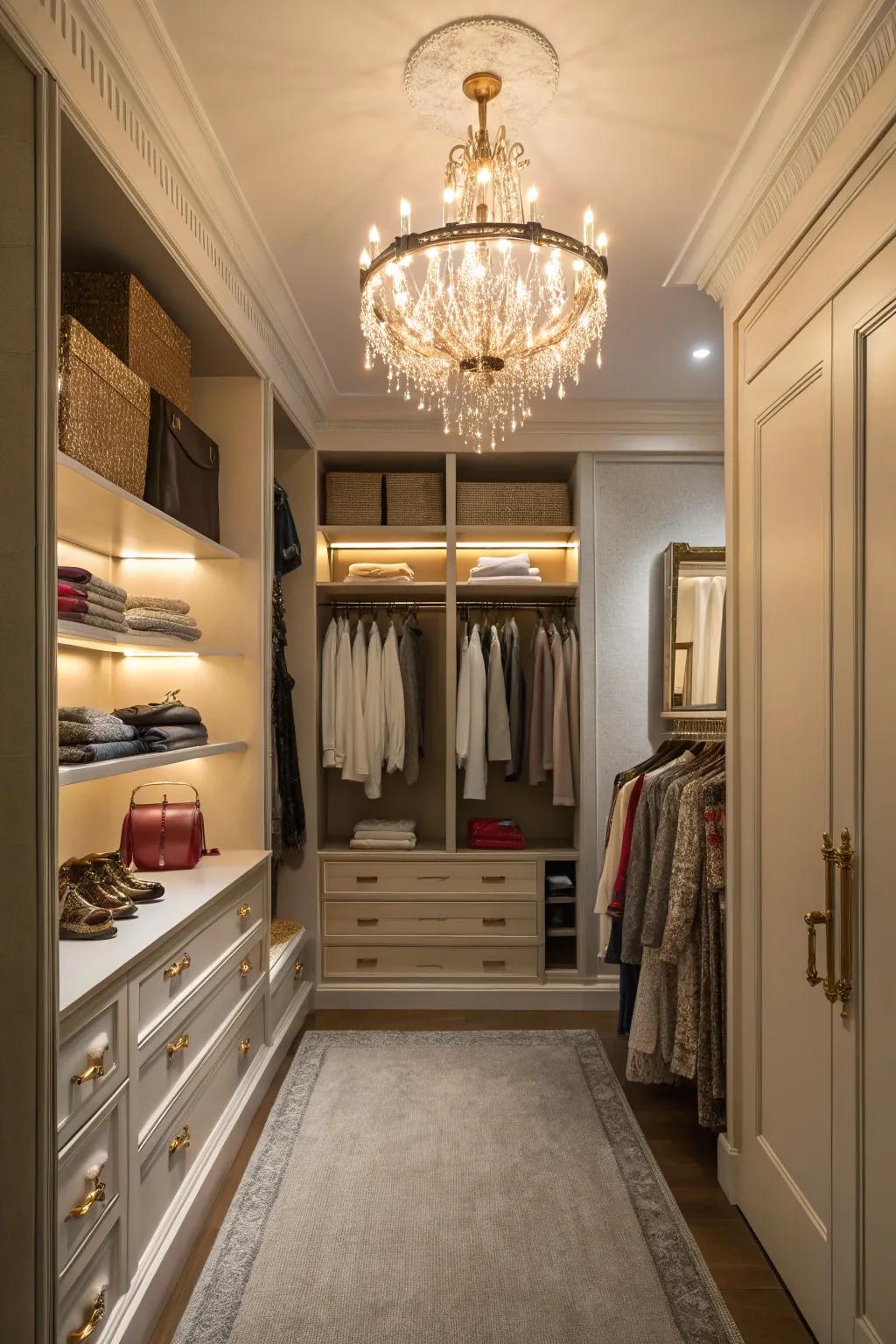 A walk-in closet aglow with a vintage chandelier, adding a touch of class.