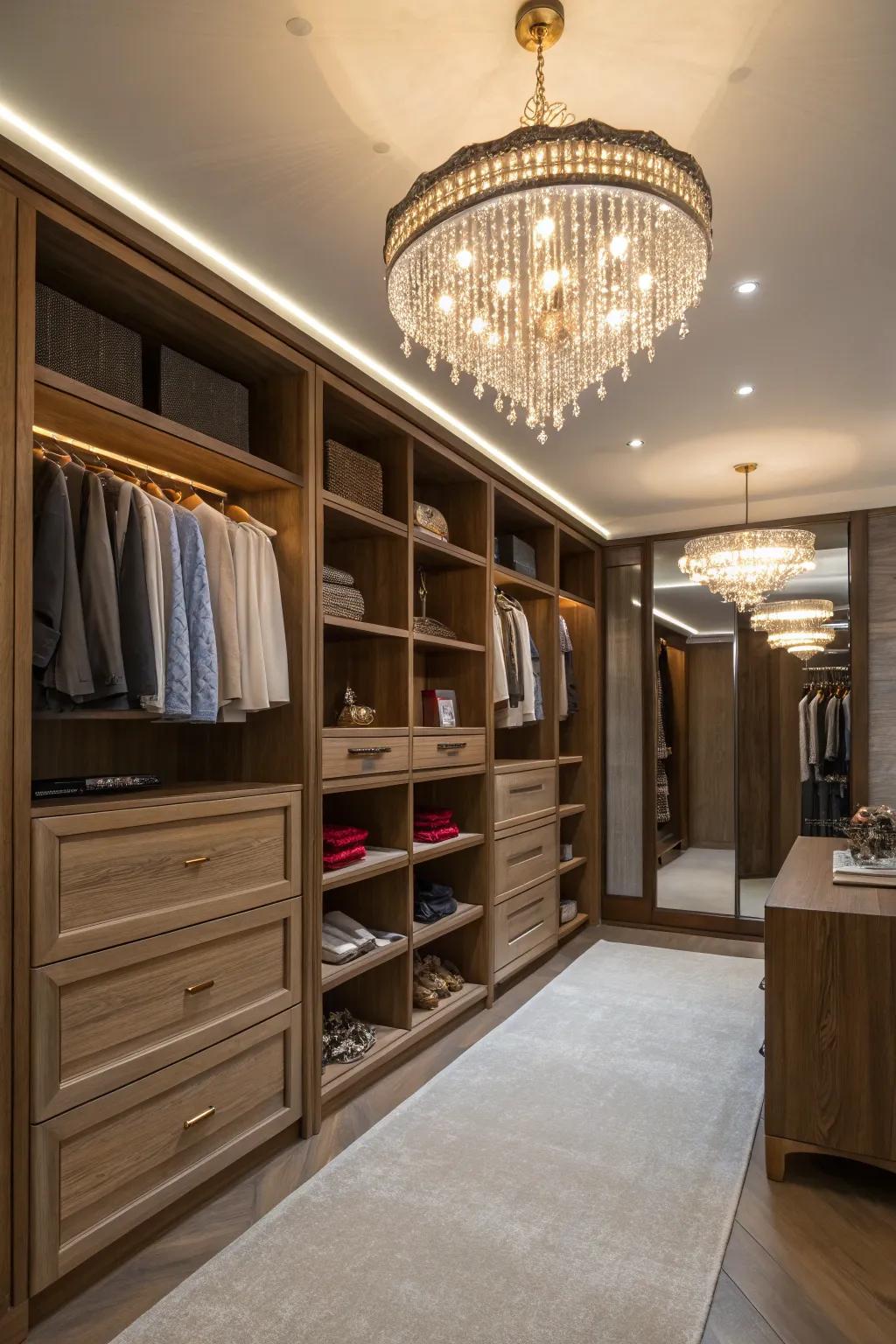 Stylish lighting elevates the closet, giving it a boutique-like ambiance.