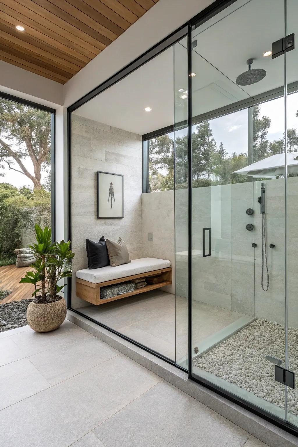 A modern suspended bench design enriches the shower’s modern style.