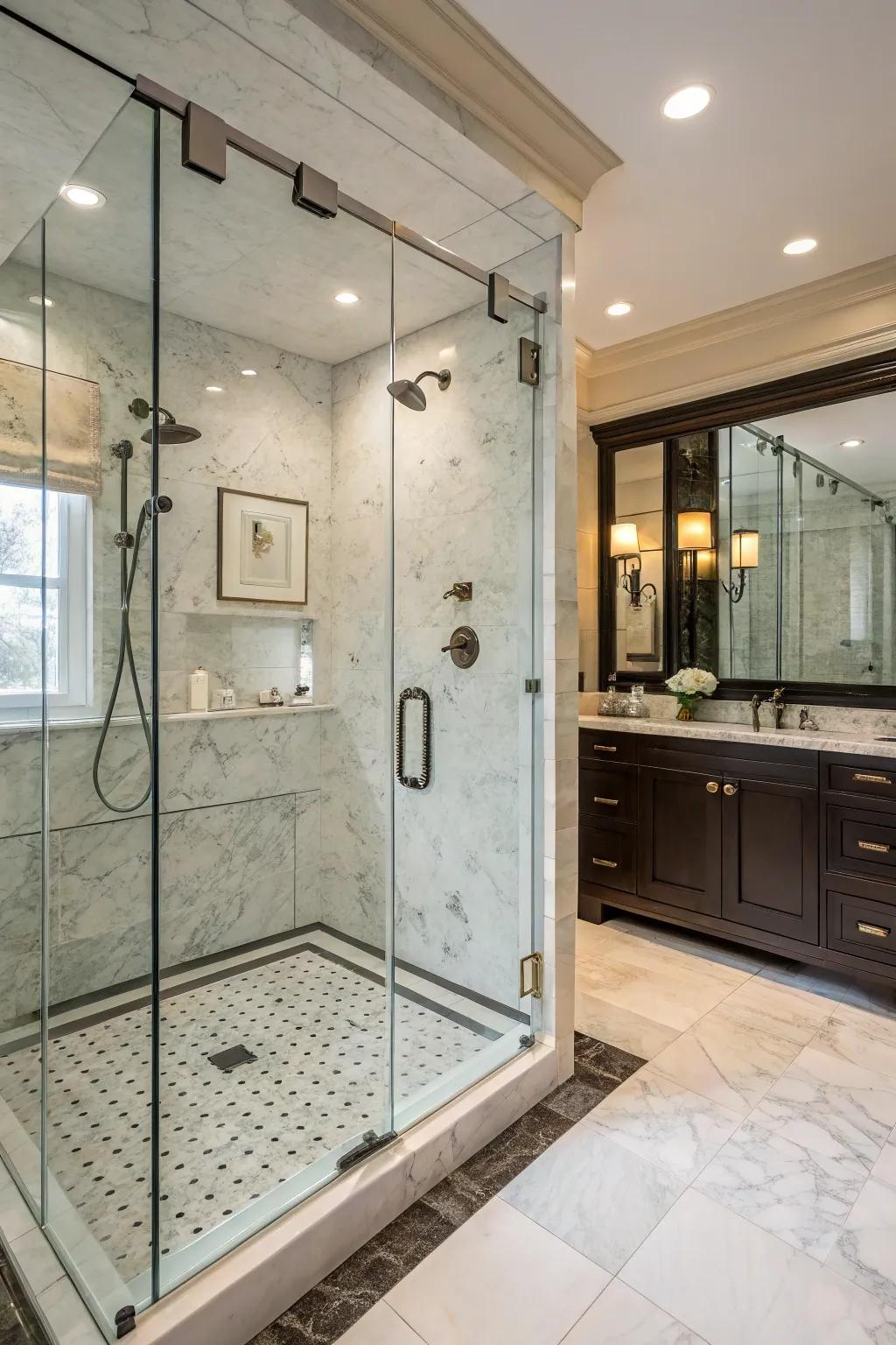 Lavish marble tiles and a glass wall fashion a sophisticated shower area.