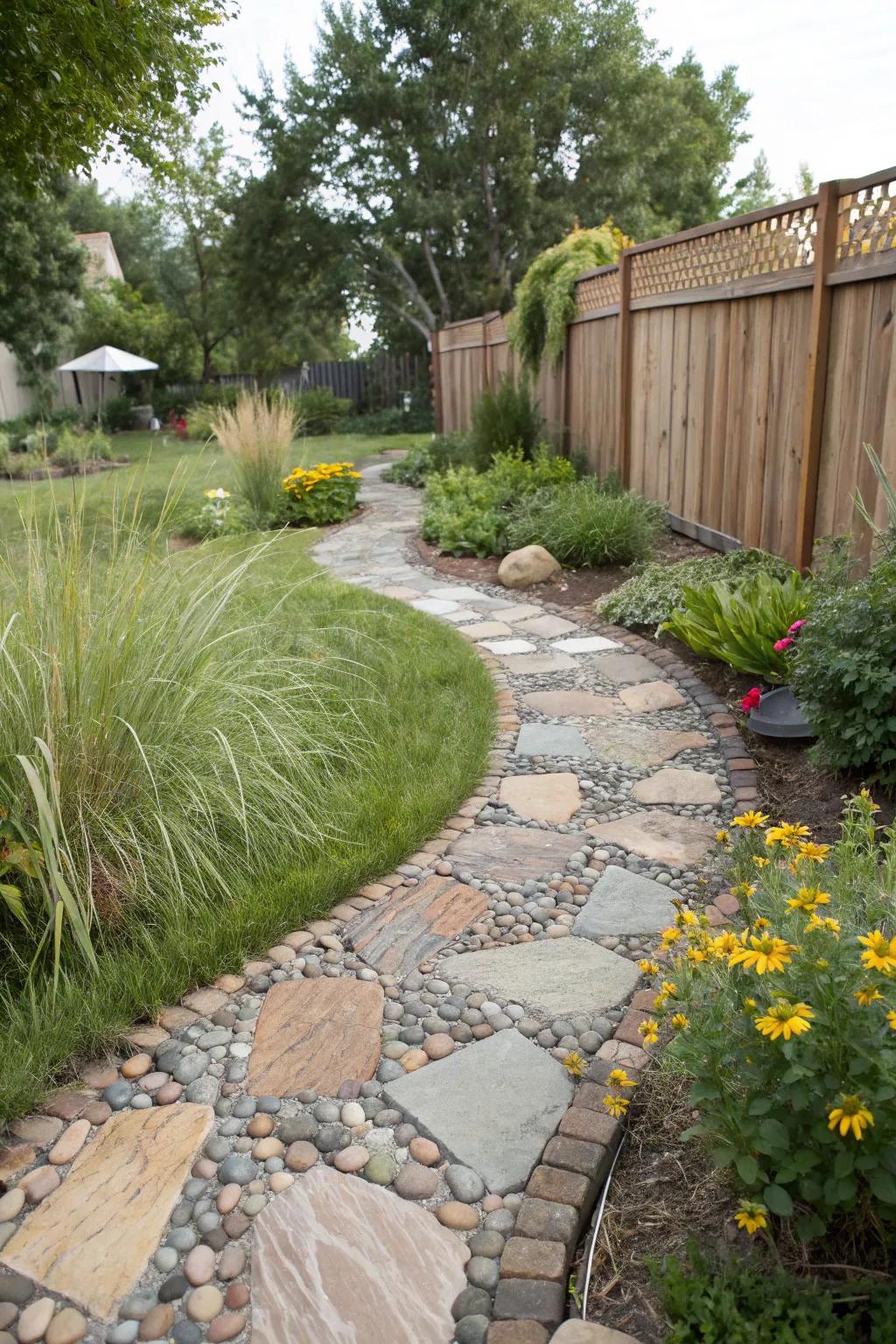 Stones and tiles fashion a sophisticated and ageless garden walkway.