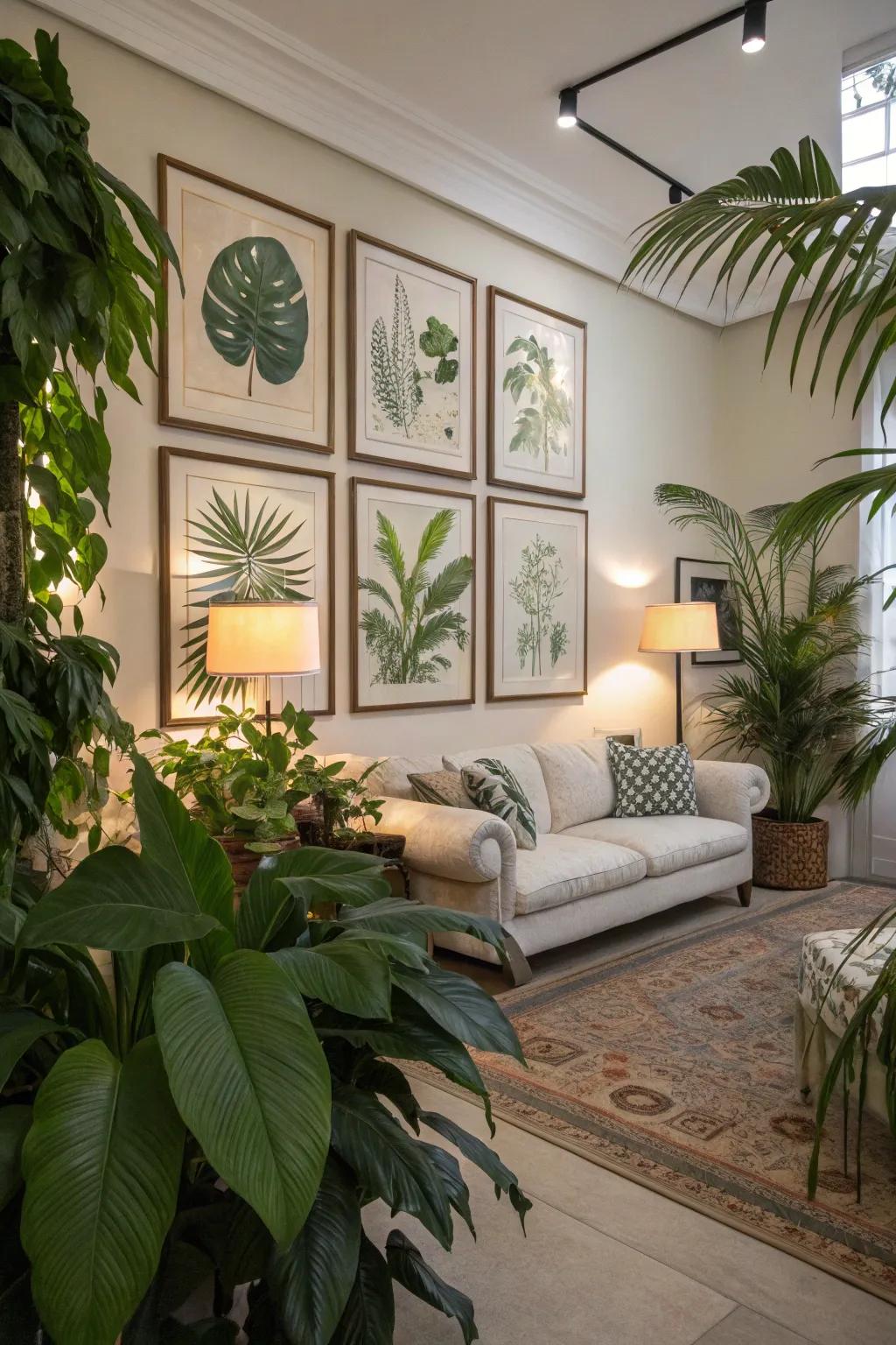 A living room highlighted by botanical prints, creating a tranquil environment.