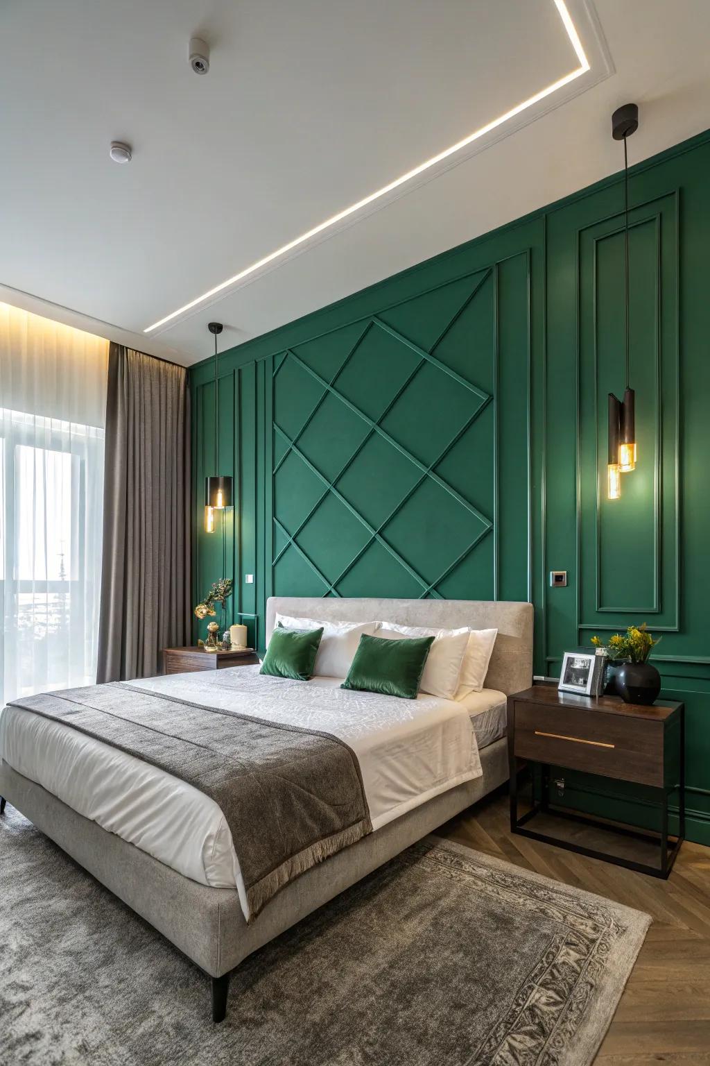 A striking emerald stone wall serves as a luxurious accent.