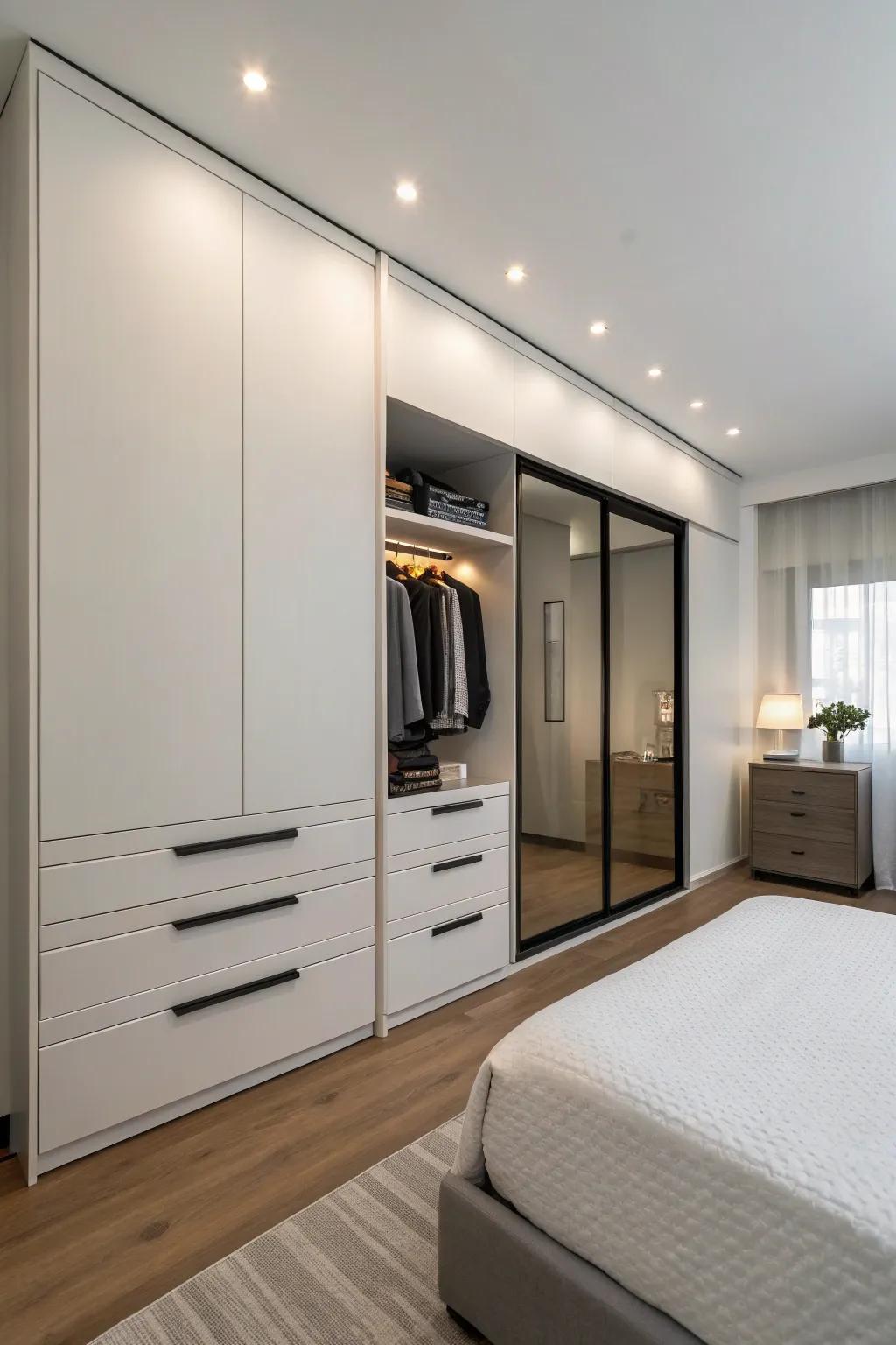 Integrated drawers in a wall closet for a clean and tidy appearance.