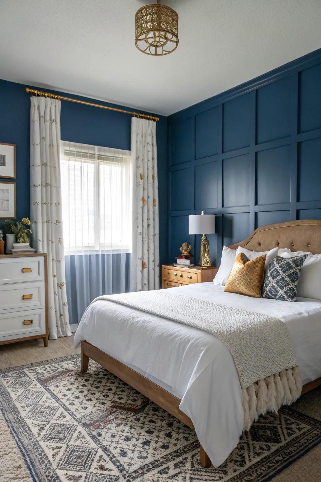 A bold indigo wall provides a dramatic, stylish backdrop.