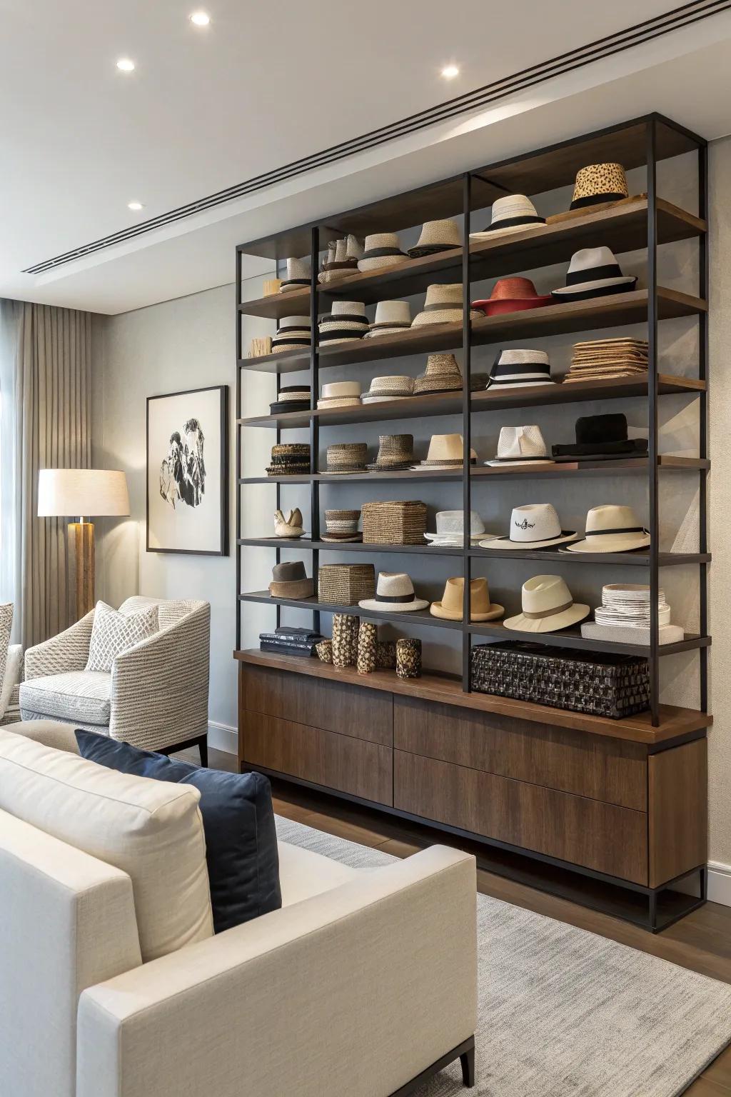A contemporary living space featuring an organized hat exhibit on shelving units.