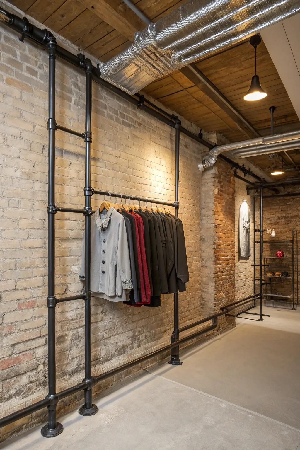 An industrial-inspired room featuring a wall-mounted clothing rack crafted from metal pipes.