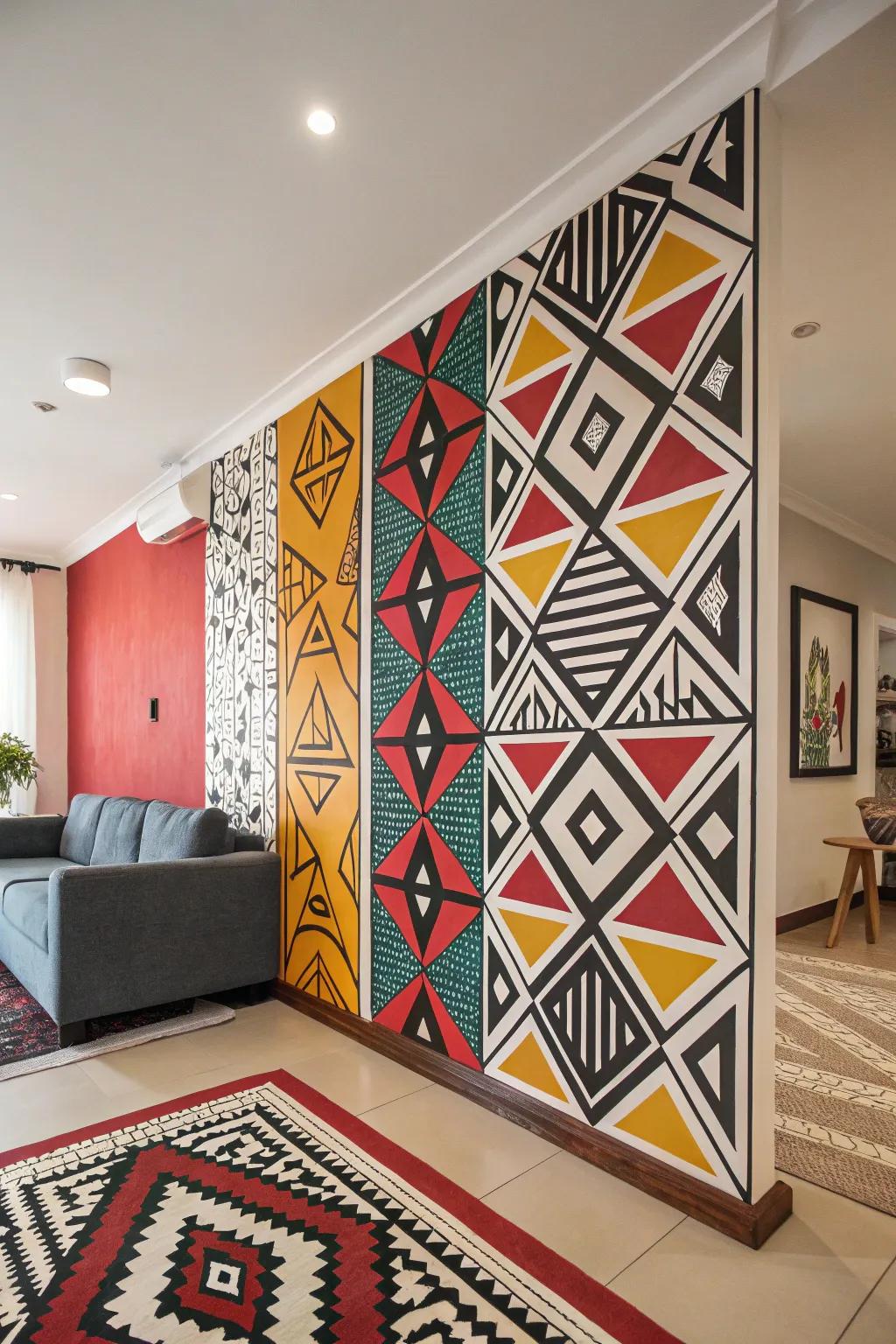 Contemporary geometric patterns showcased on a living room feature wall.