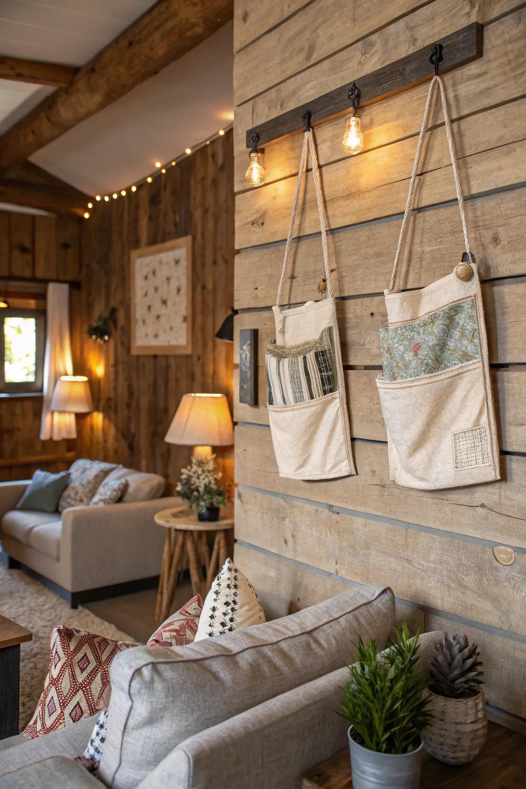 Country textile satchels add a sense of comfort and textural depth to any setting.