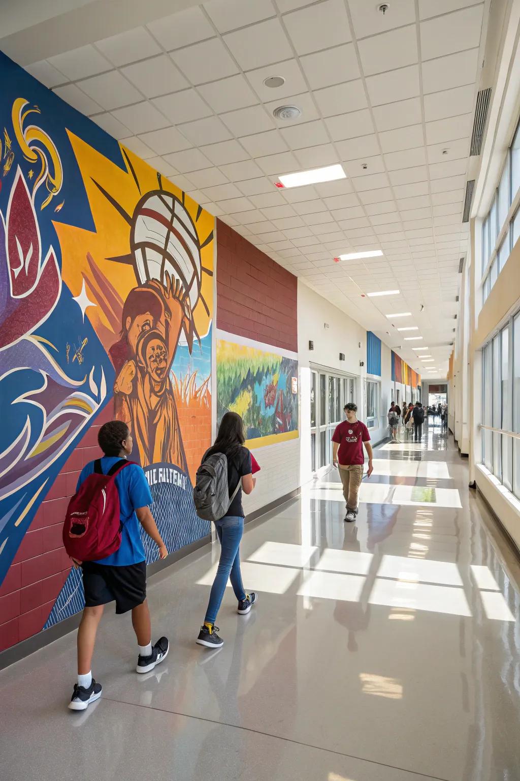 A vivid bespoke mural that injects vitality and color into the school corridor.