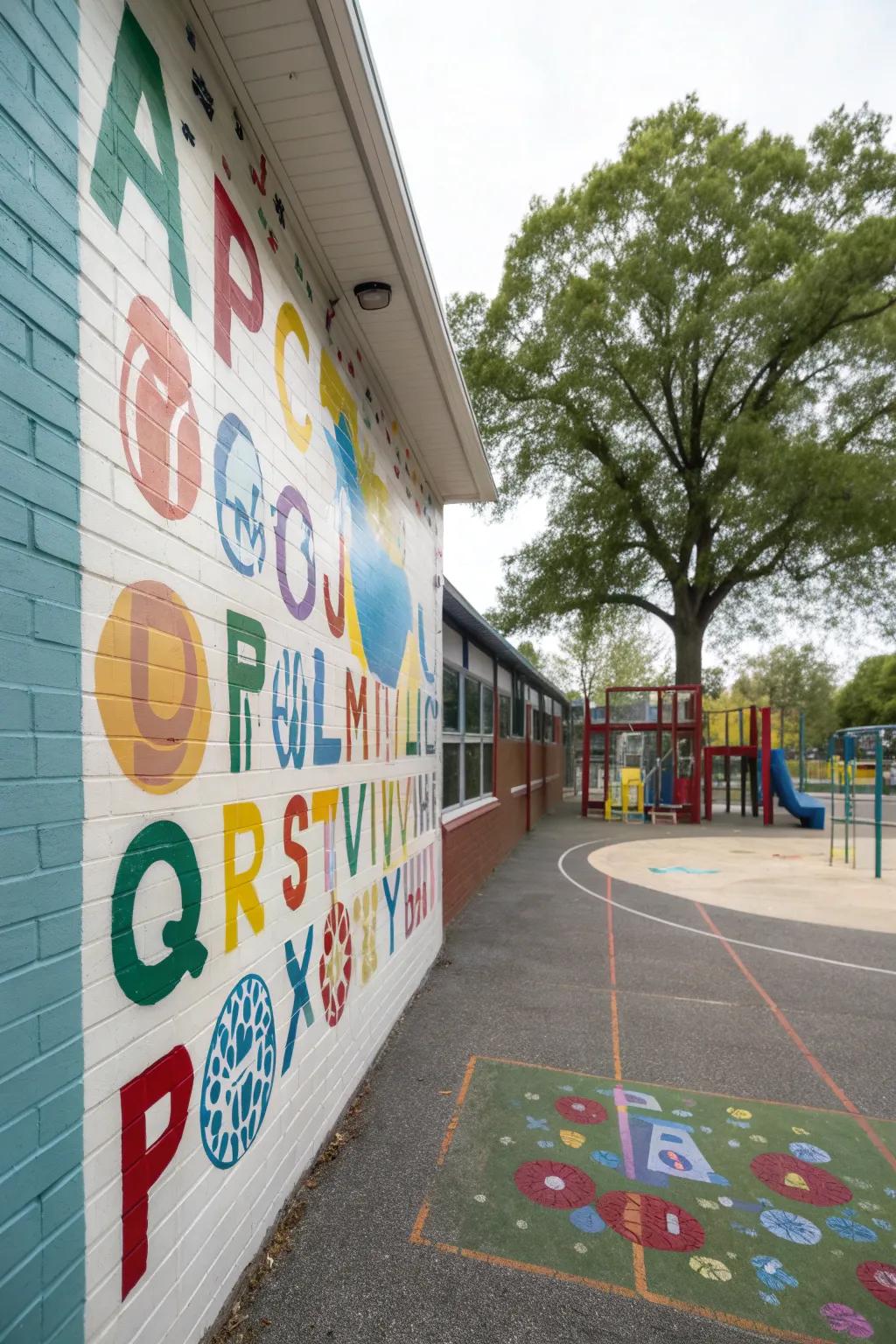 Educational elements in a school wall mural