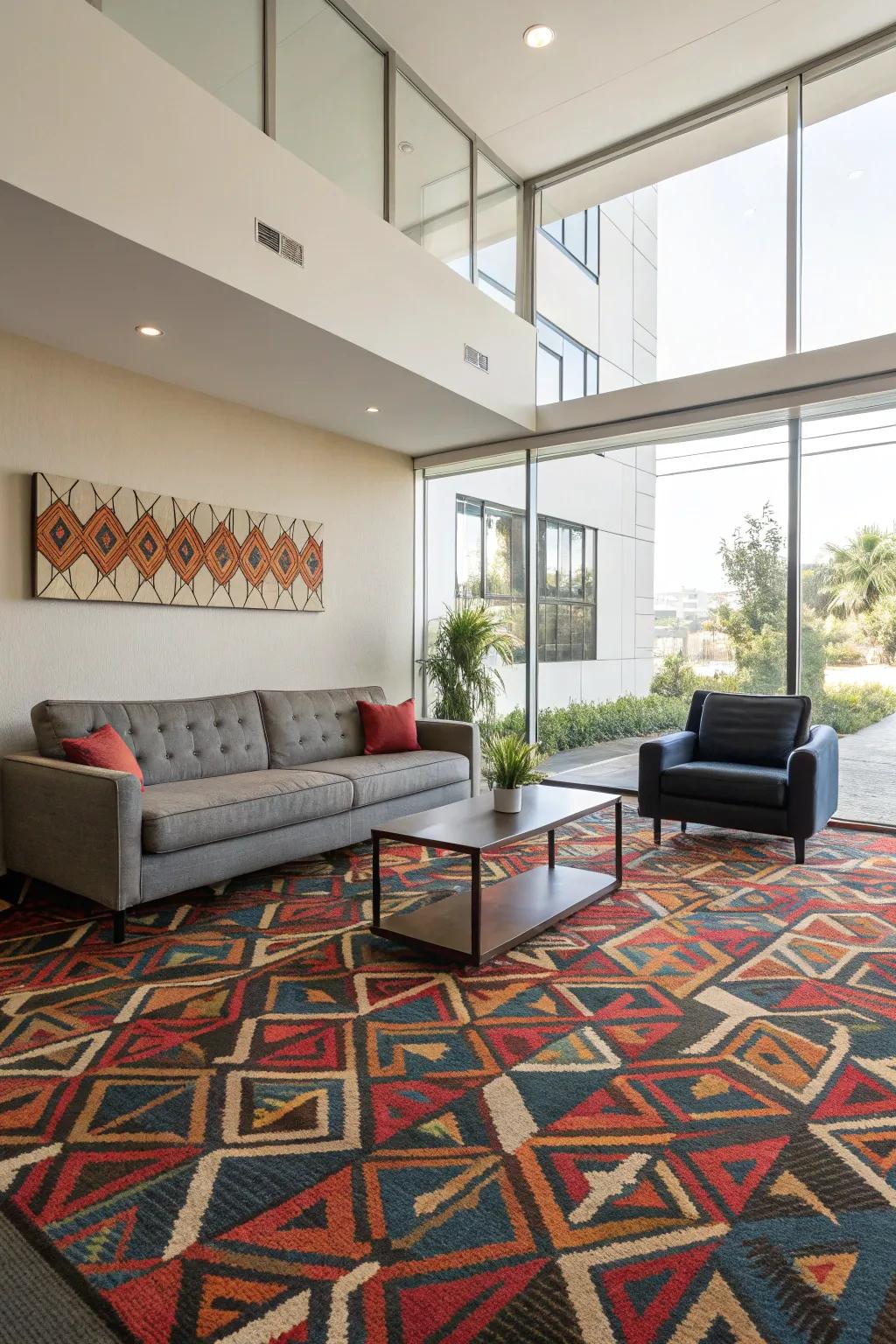 Create impact using a vibrantly patterned carpet.