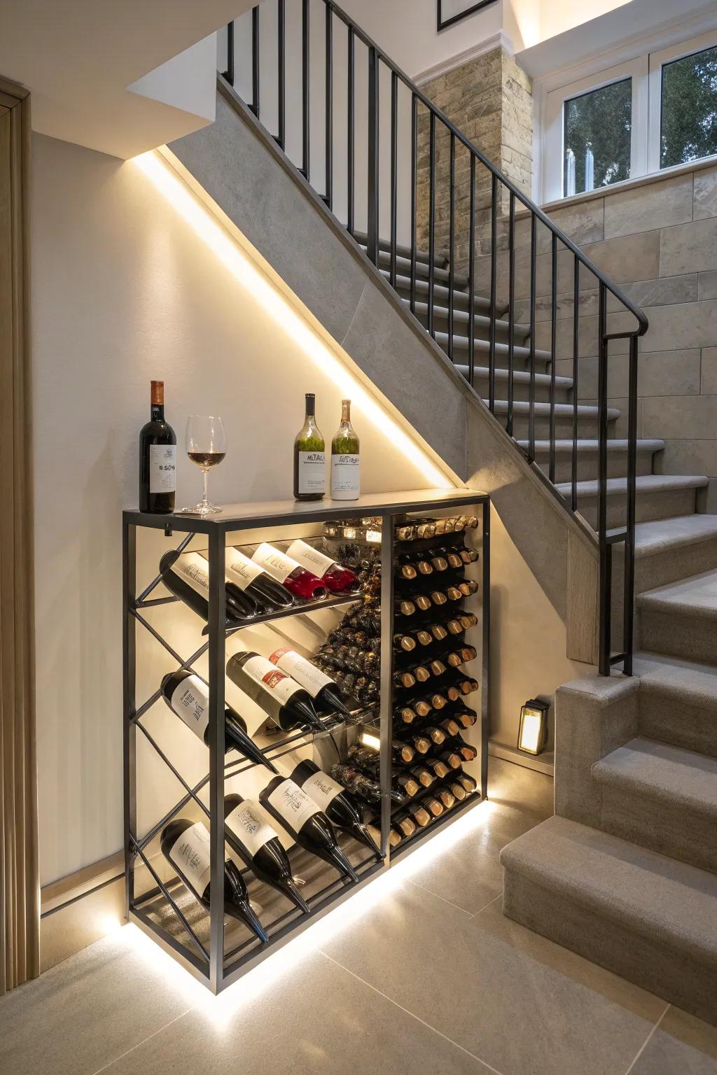 A refined wine storage area beneath the stairs sets the stage for memorable gatherings.