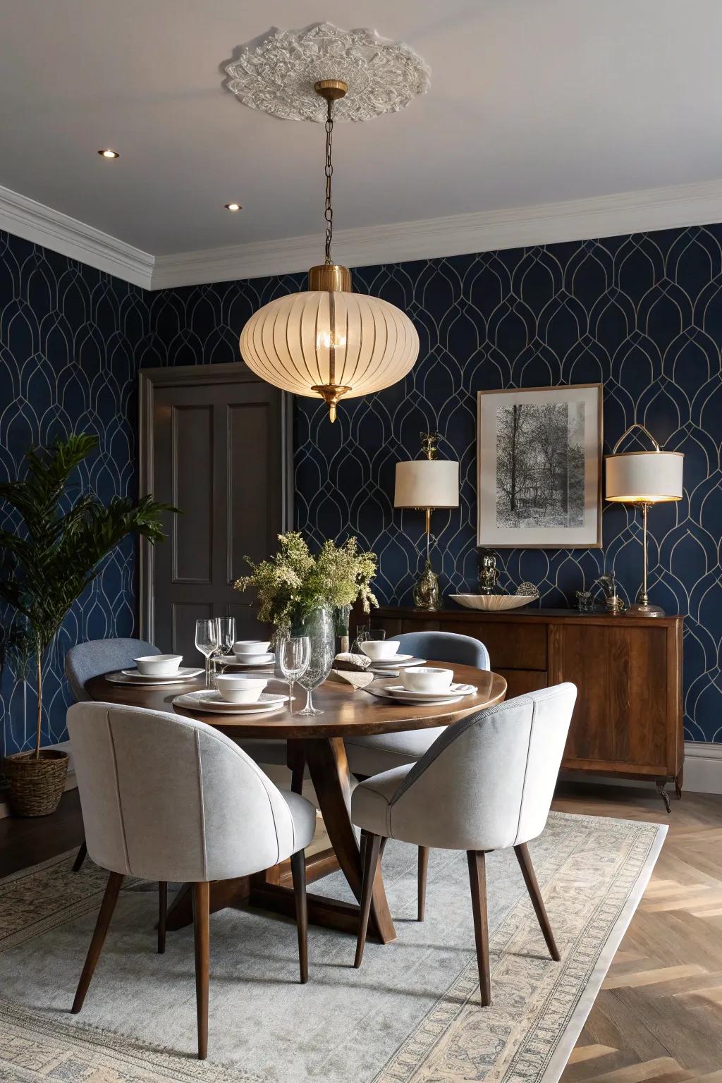 Bold wallpaper transforms a dining area into a dramatic environment.