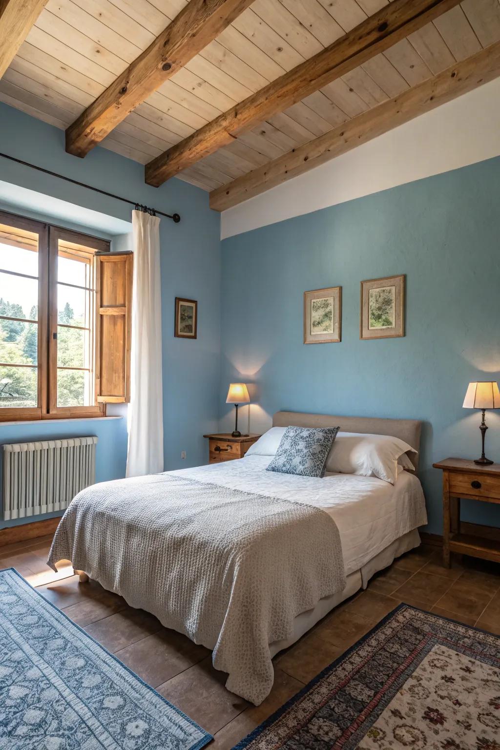 Experience restful nights with a bedroom painted in soothing warm blue.