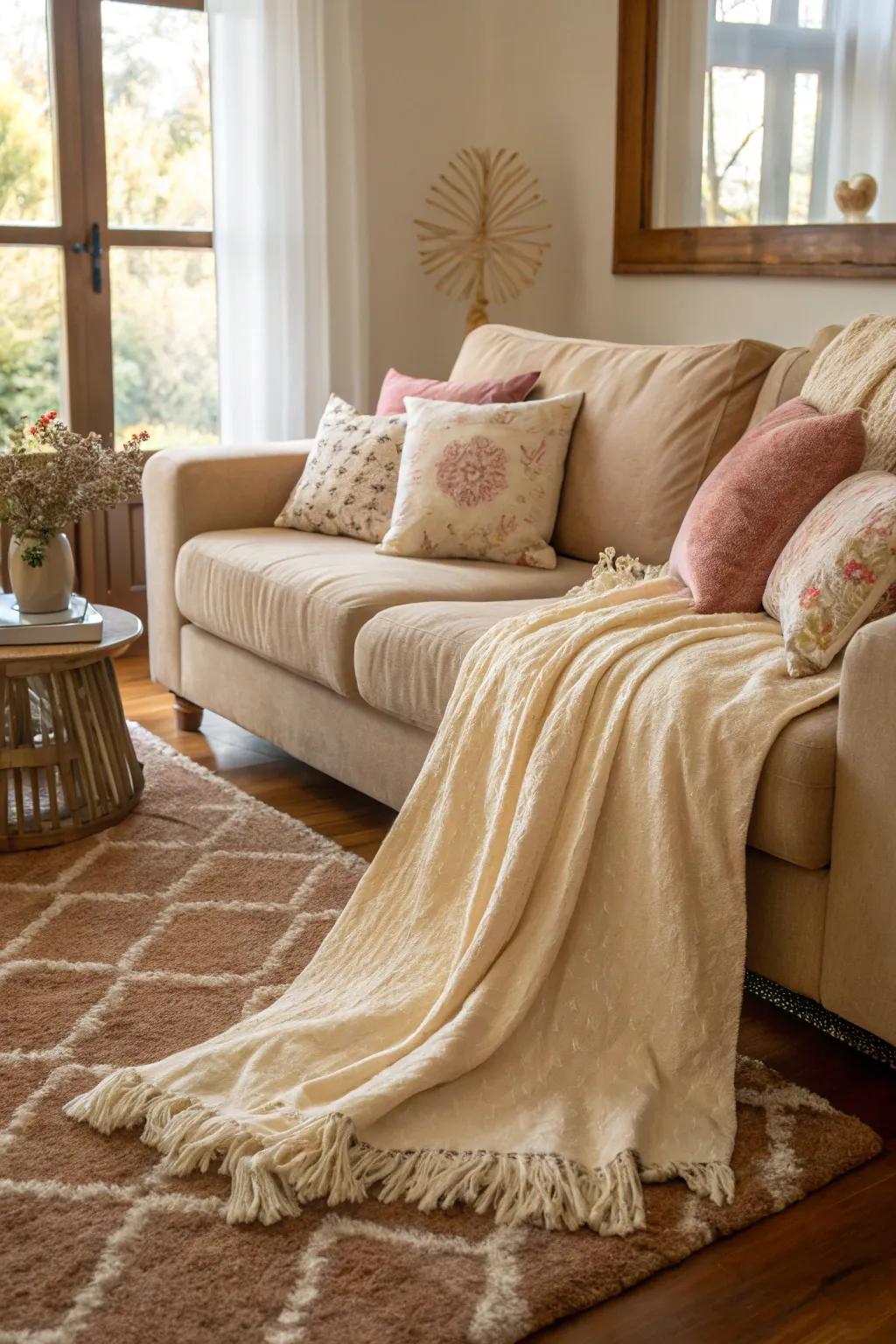 A neutral living area gains comfort and warmth from soft textures.