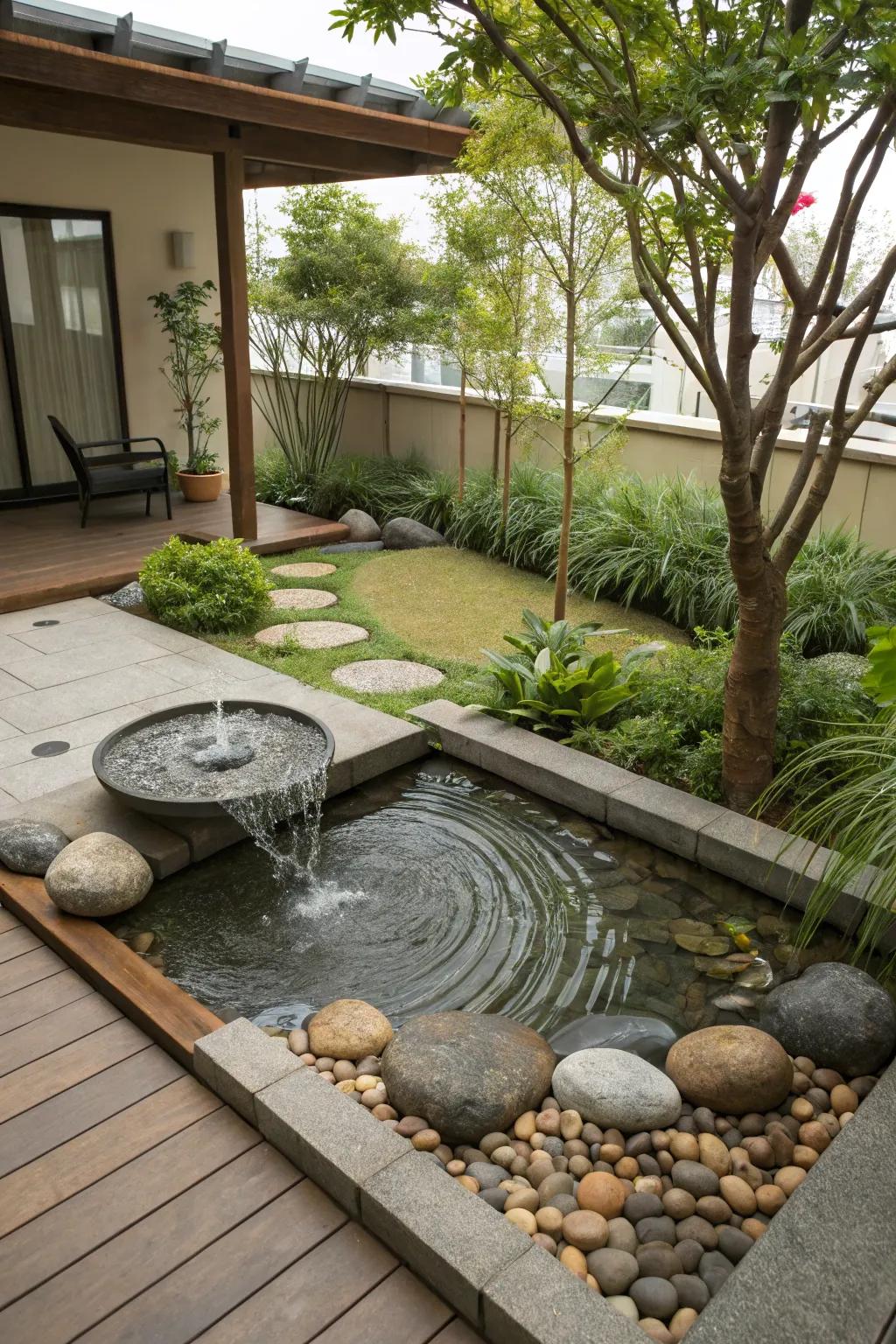 A Zen water garden cultivates a soothing outdoor escape.