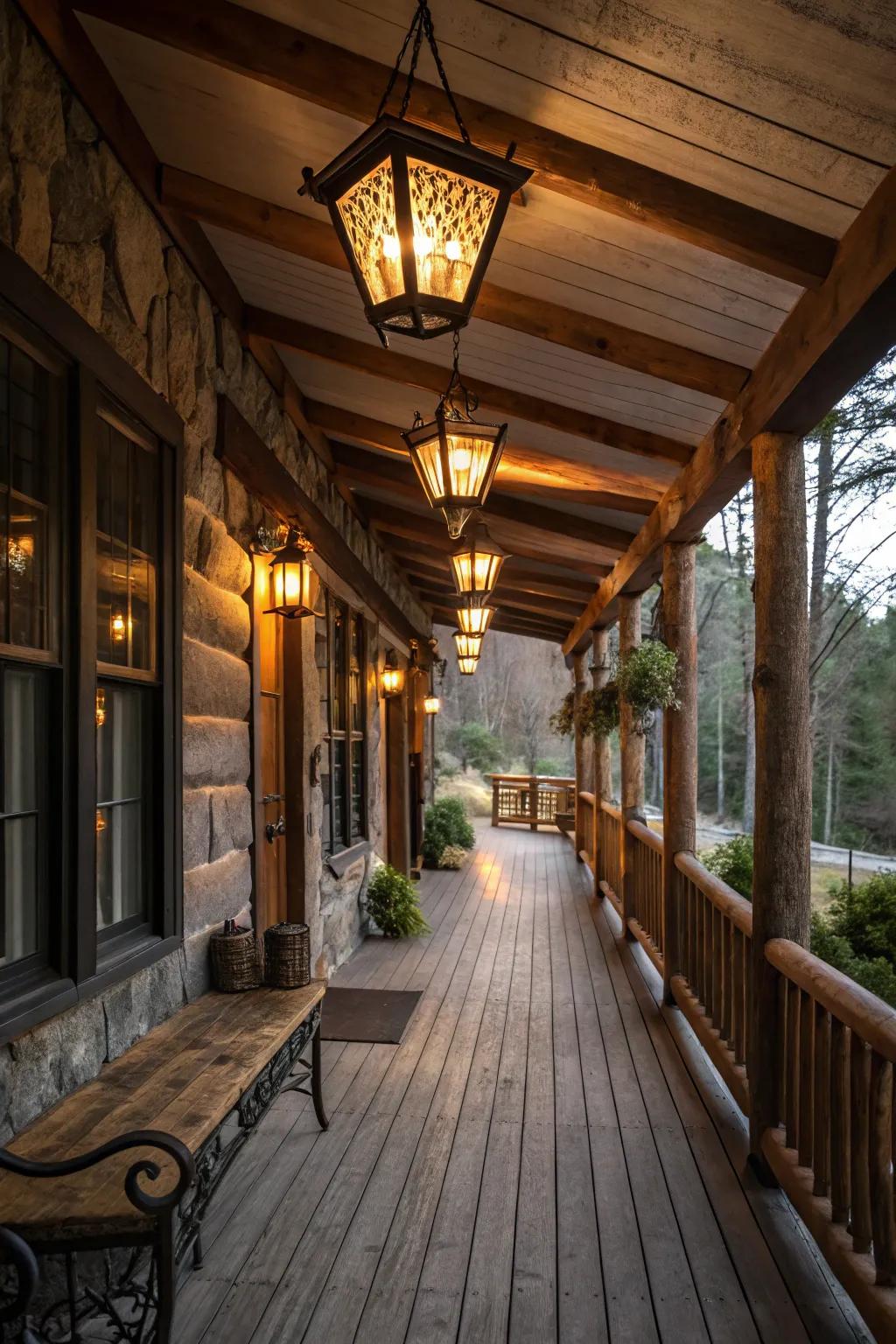 Rustic lantern-style lights foster an inviting atmosphere.