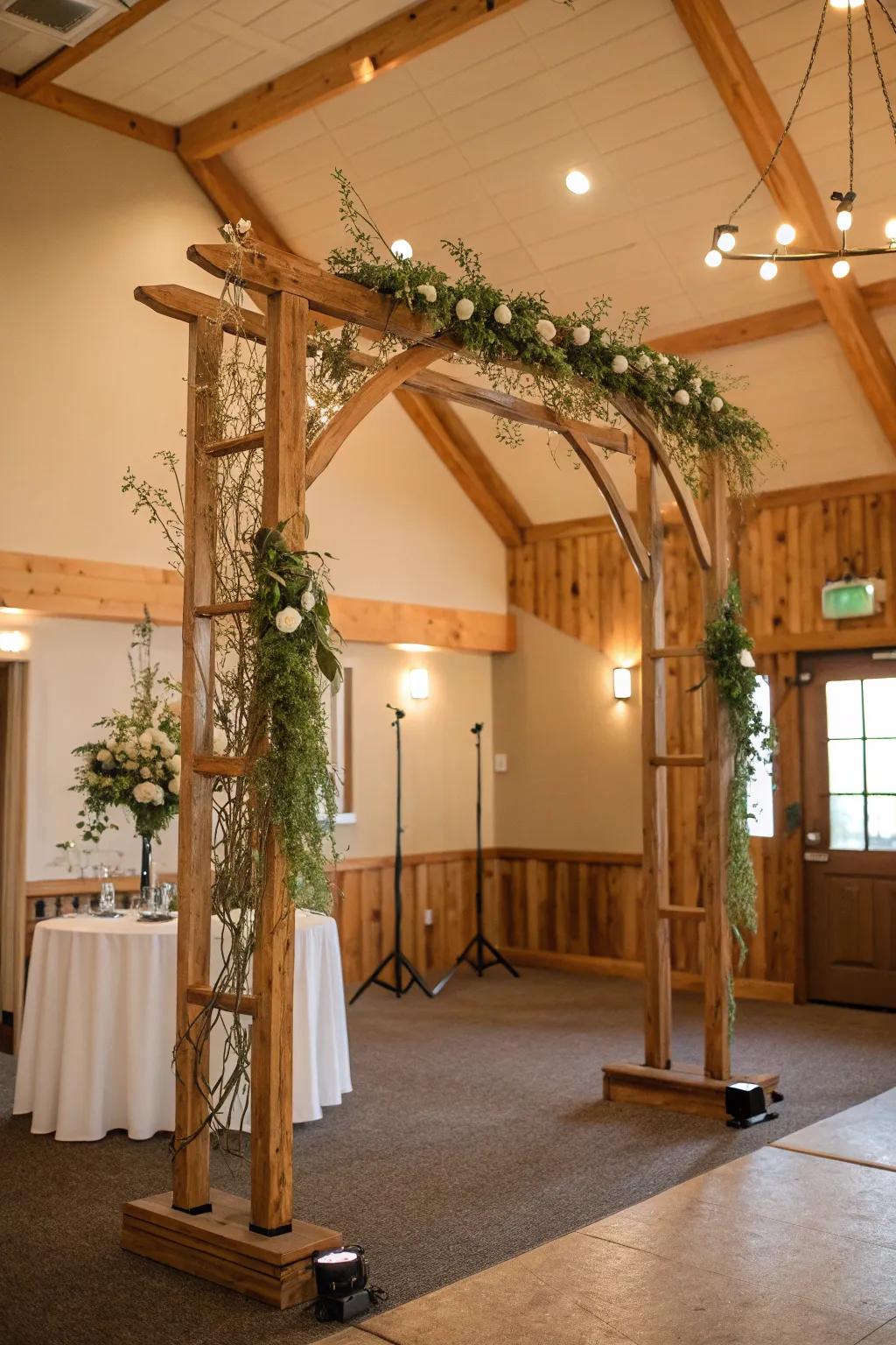 A rustic wooden arch brings warmth and character to an indoor wedding.