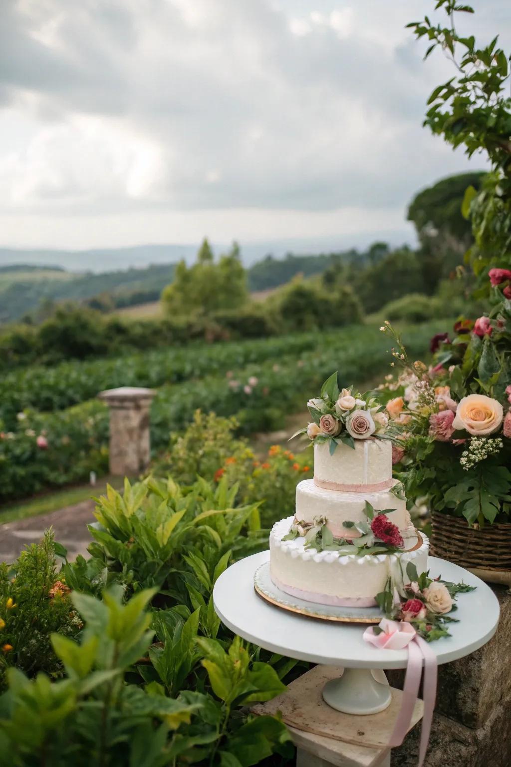 A wedding cake encased in vibrant greenery, achieving a natural aesthetic.