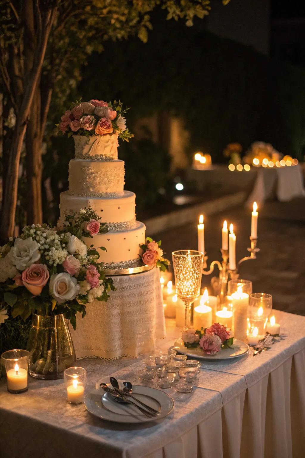 A cake display embraced by the gentle glow of candles.