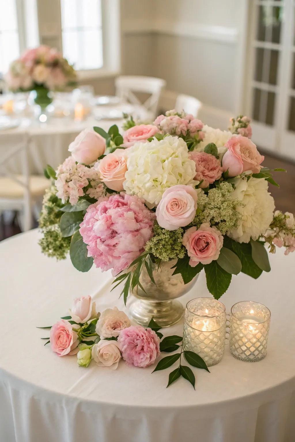 An abundant floral centerpiece for a garden-inspired wedding.