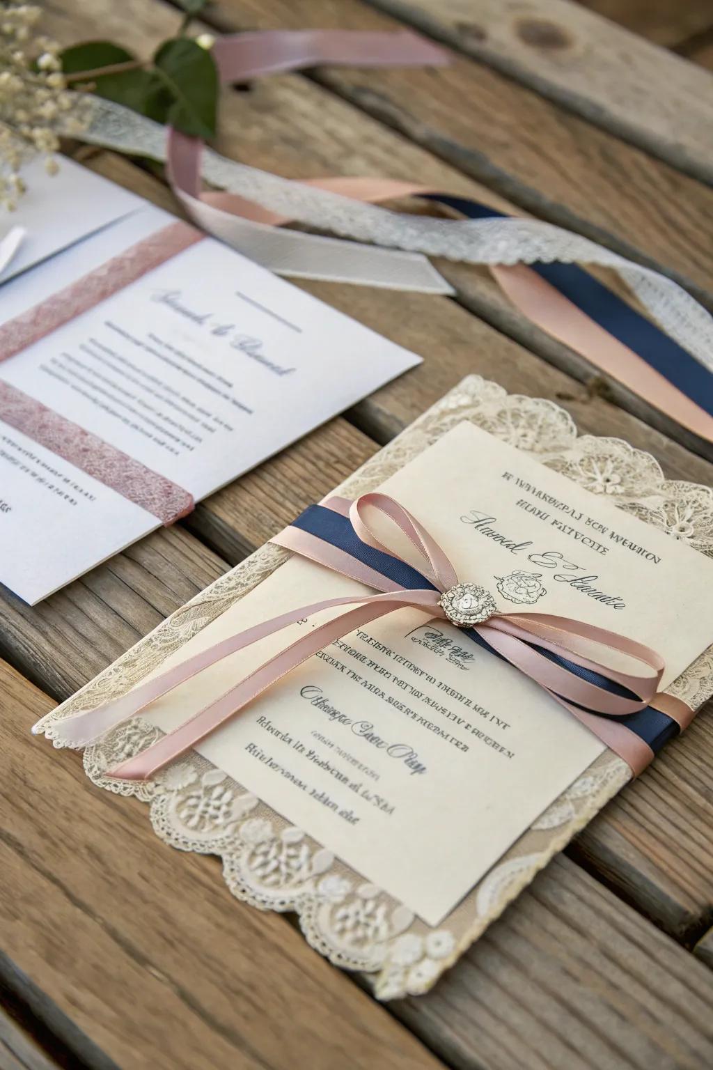 A mesmerizing wedding invitation adorned with layered ribbons.