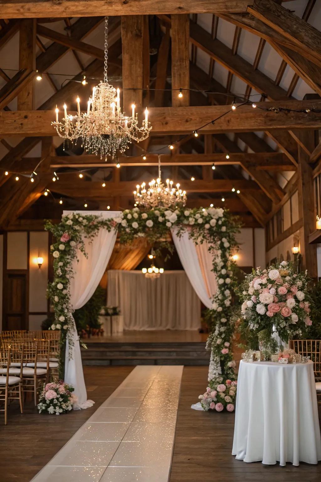 An inviting indoor wedding layout showcasing country charm.