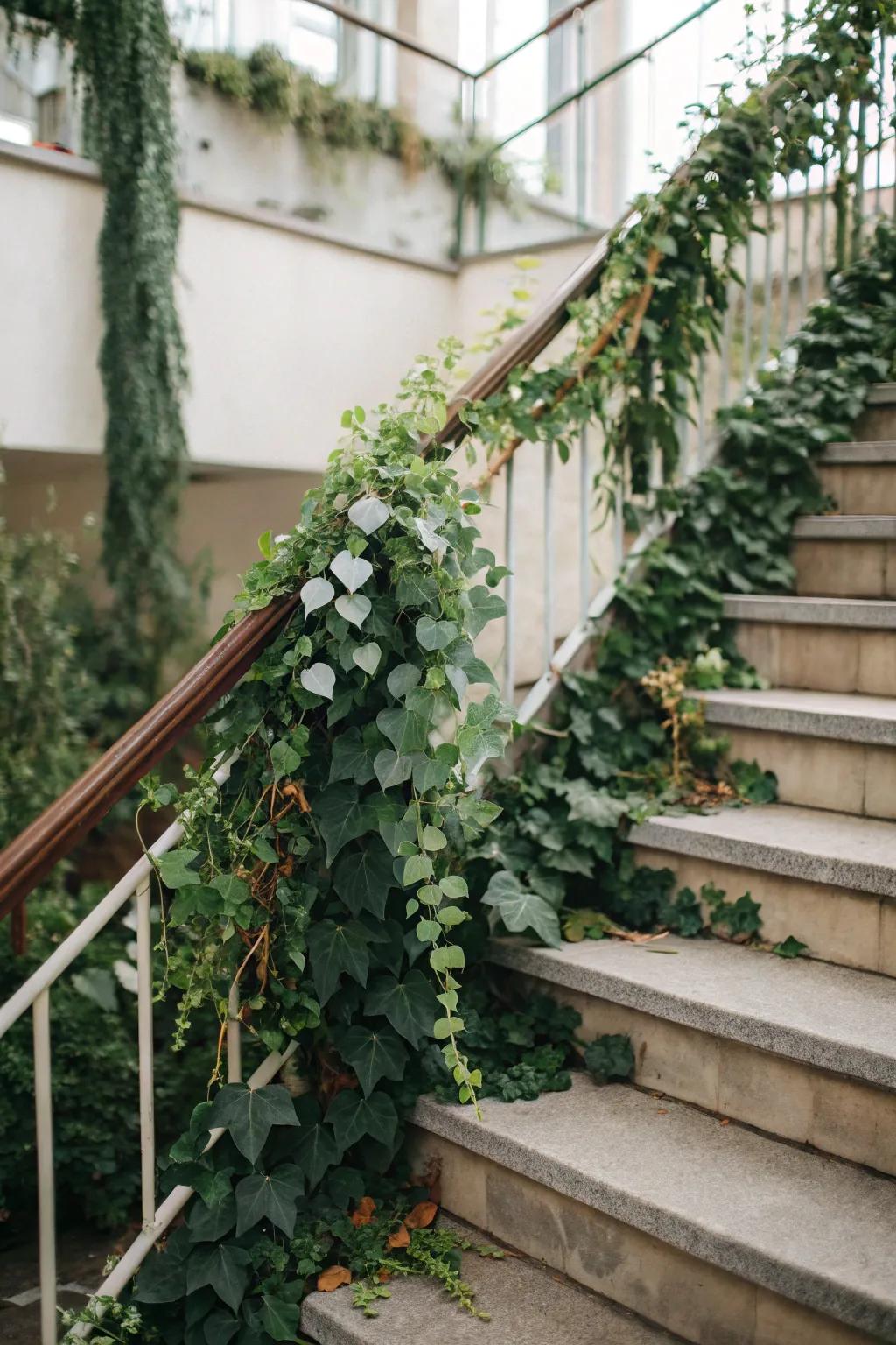Silver dollar eucalyptus and creeping fig deliver a revitalizing, organic vibe to this wedding stairway.