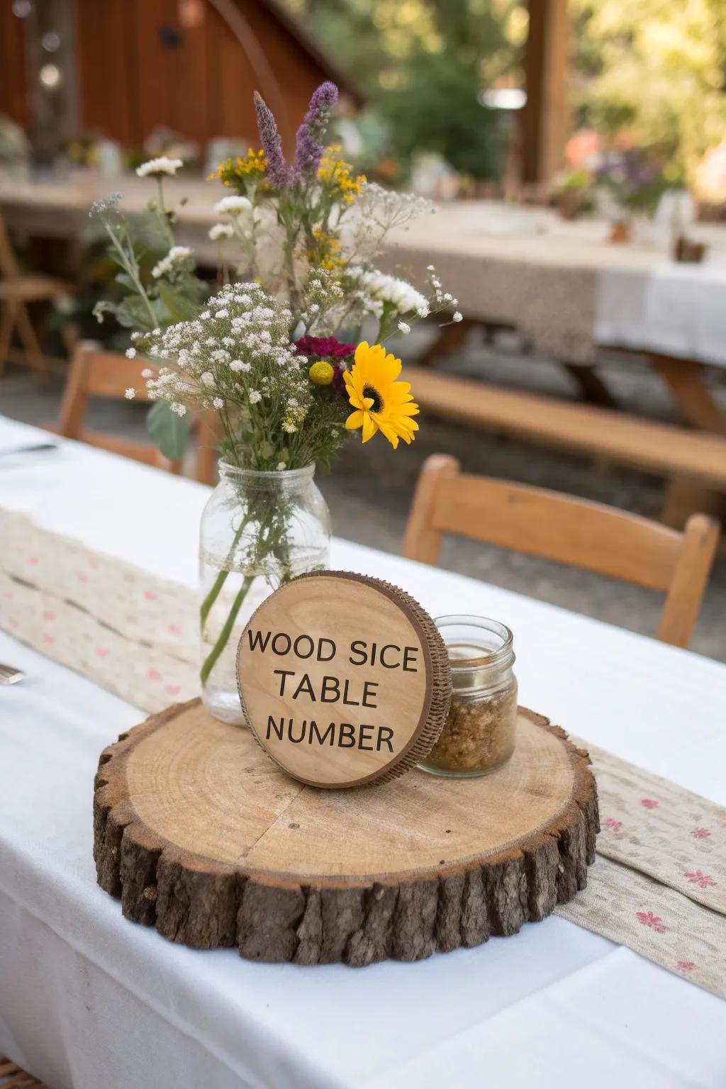 Down-to-earth cut wood pieces lend a delightful detail to your wedding tables.