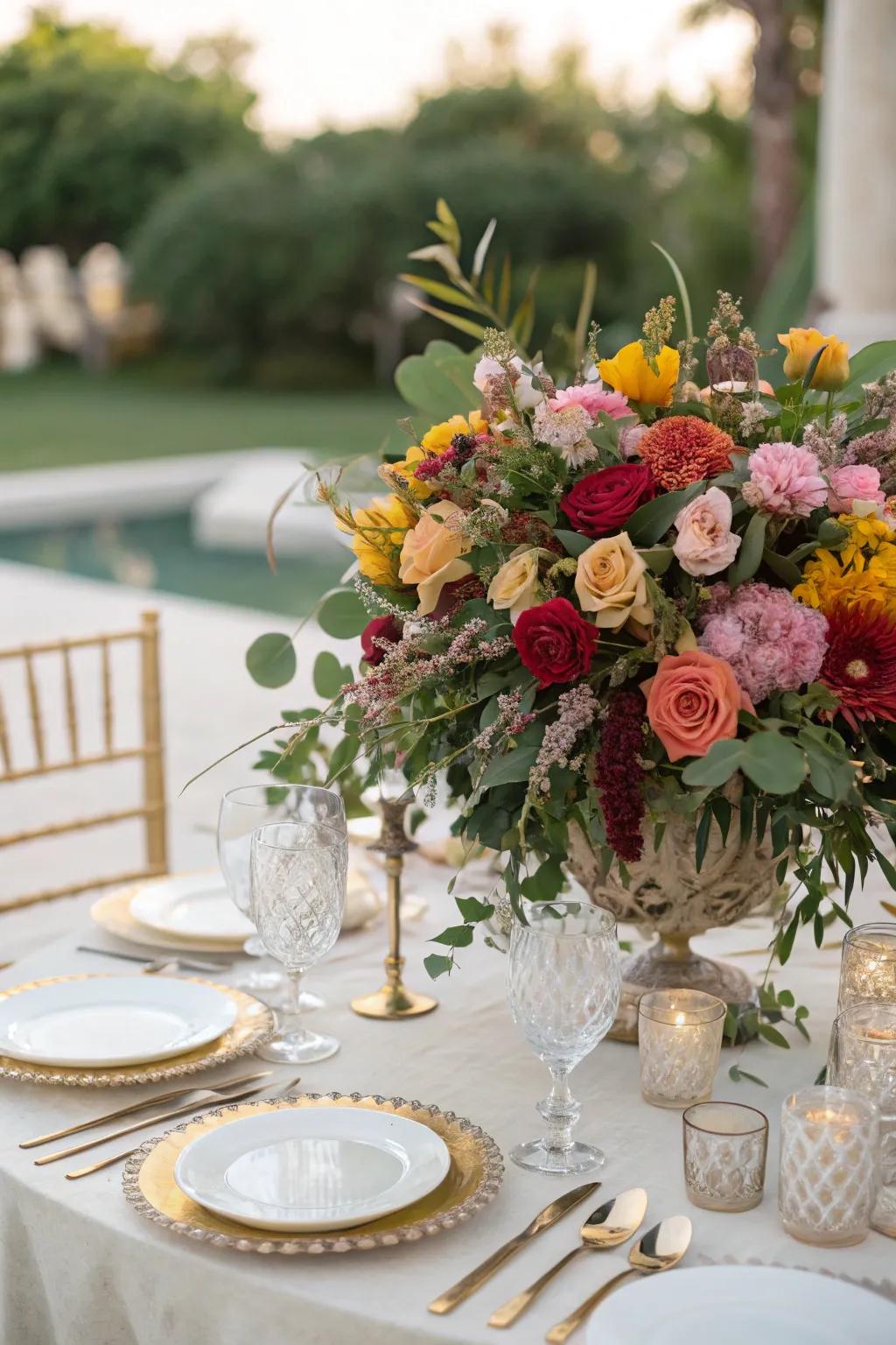Abundant flower arrangements infuse vibrancy and hue into your tablescape.