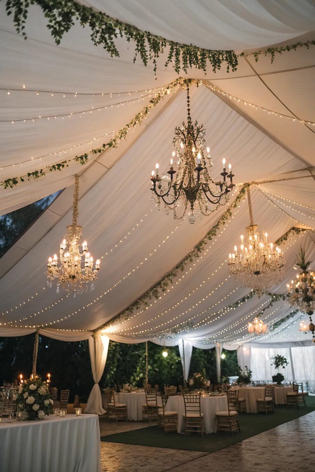 Chandeliers cast an air of sophistication within the tent.