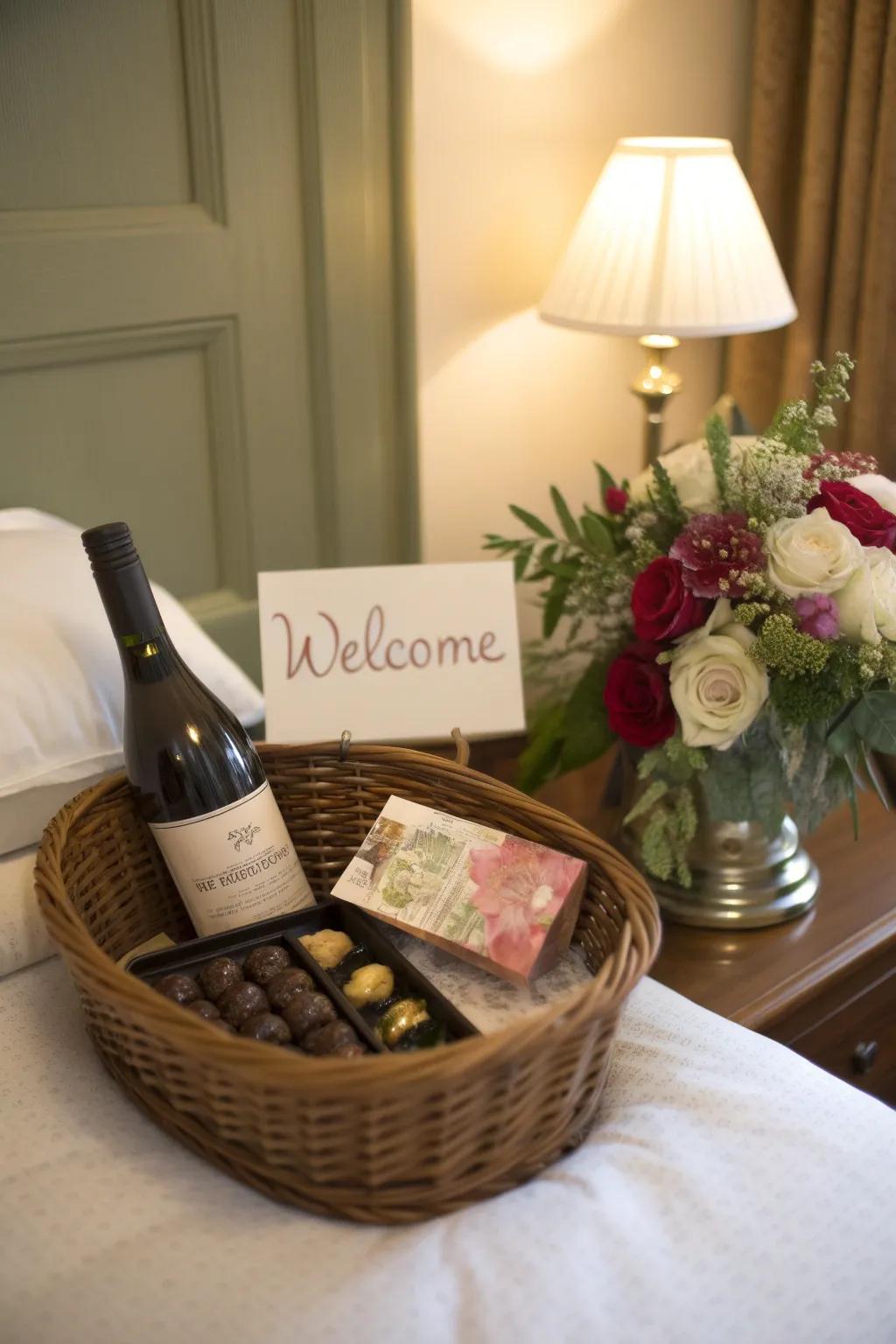 A tailored inscription of welcome infuses a heartfelt emotion into the welcome hamper.