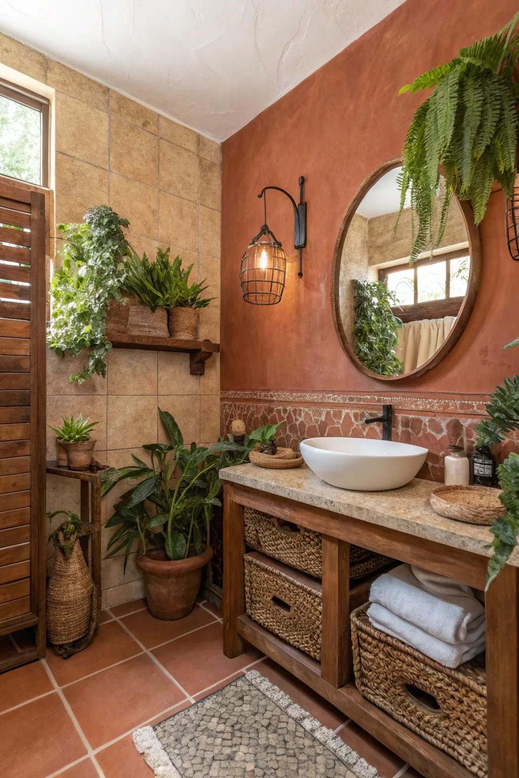 Terrain shades establish a tranquil atmosphere within this Western-inspired bathroom.