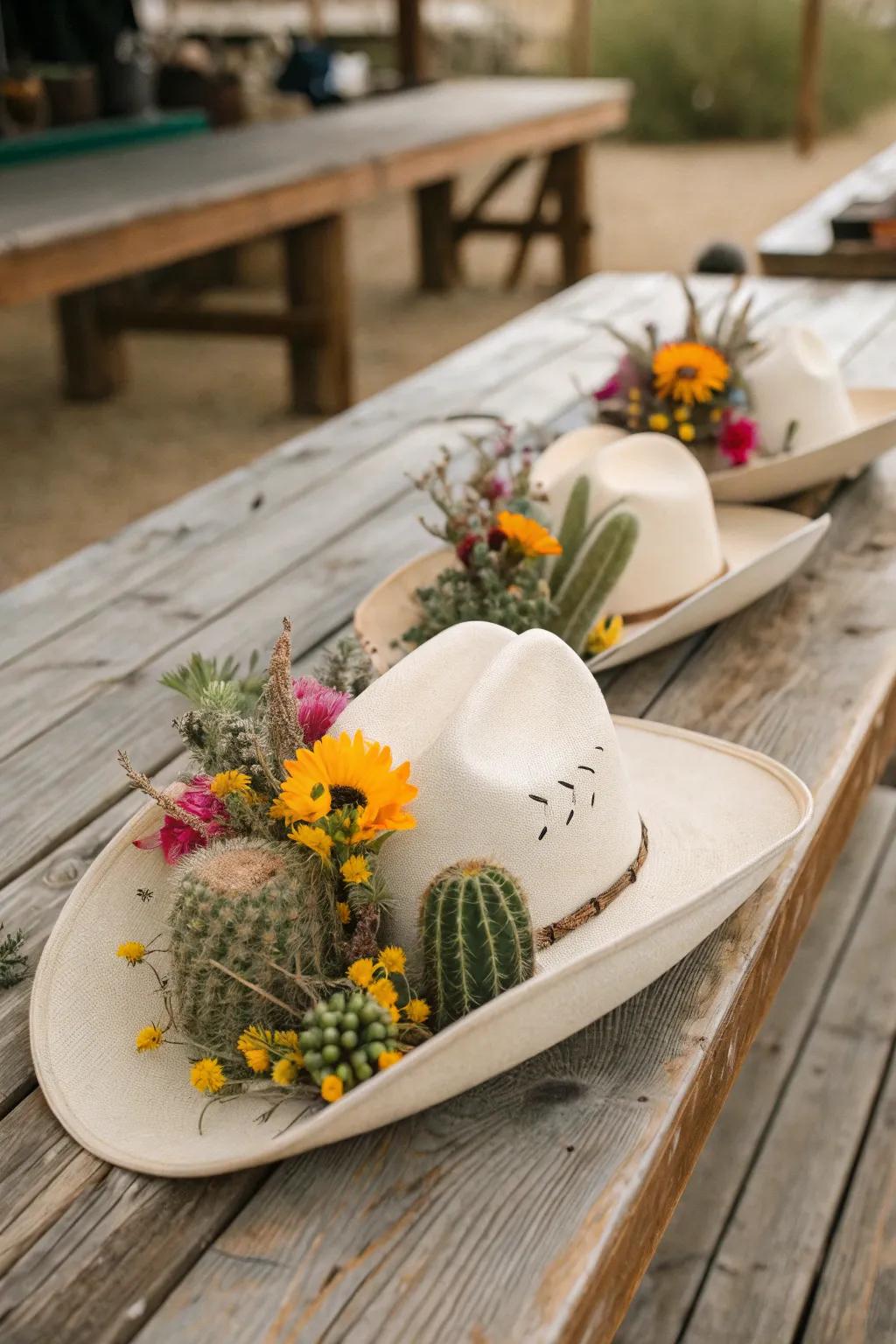 Ten-gallon hats transform into delightful and distinctive centerpieces.